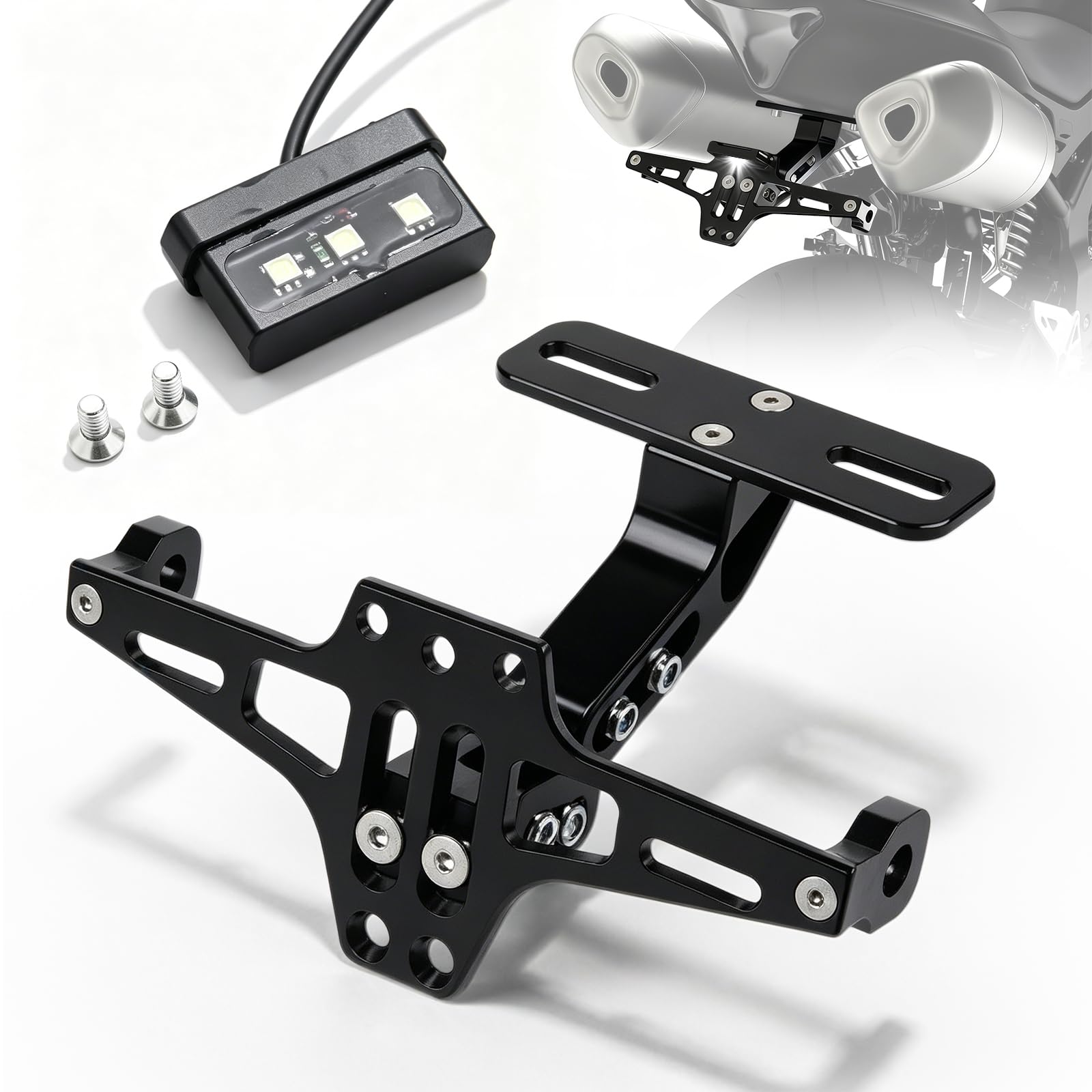 Support de Plaque Moto Réglable, Moto Support de Plaque d'Immatriculation avec Lumière sous Licence, Cadre de Plaque d'immatriculation pour Modèles Universels