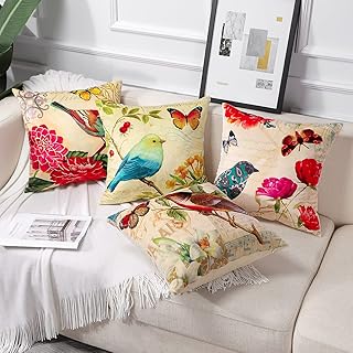 Artscope Housse de Coussin, Lot de 4 en Velours Fleurs et Oiseaux Vintage Canapé Taie d'oreiller pour Maison Salon Chambre Décoration D'intérieur, 45x45cm