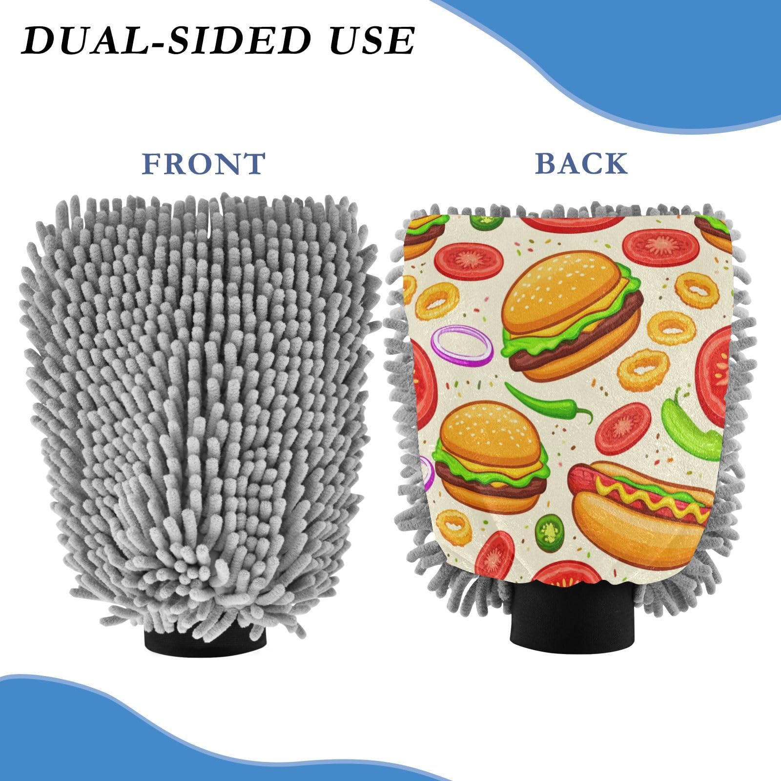 Kigai Cartoon Hamburgers Car Wash Mitt Microfiber, 2Pcs Scratch Free Lint-Free, Premium Chenille Microfiber Mitt Car Wash Brush-M
