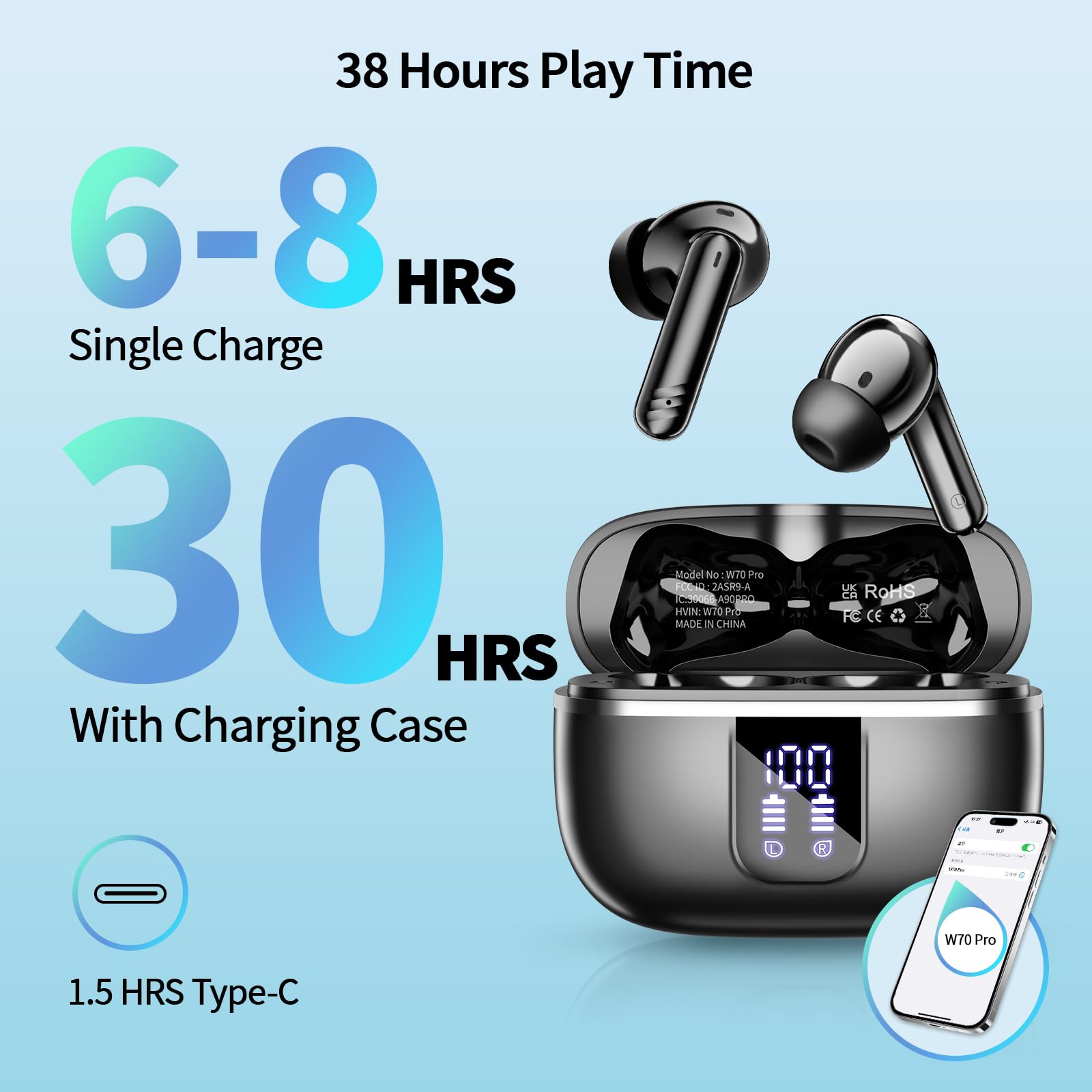 Cascos Donerton Cancelación Ruido Auriculares Bluetooth 5.4 Donerton Con Cancelación De Ruido ENC - 45h De Autonomía, IP7, Control Táctil - Negro Auriculares Deportivos IP7 Resistentes Al Agua