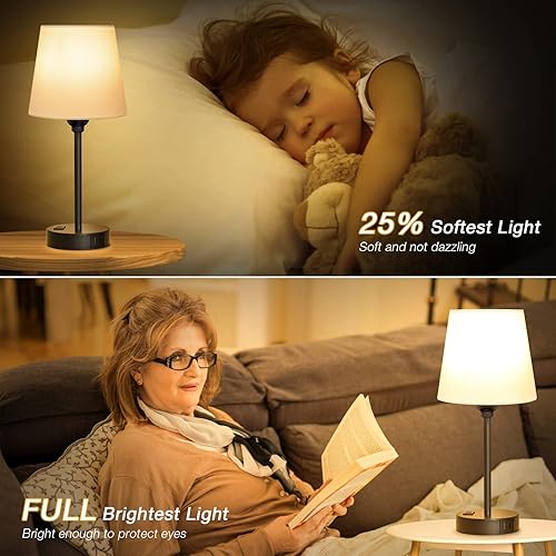 Miniatura 4 de Juego de 2 lámparas de noche blancas para dormitorio, mesita de noche con puerto USB C y carga de salida de CA, control táctil regulable de 3 vías,