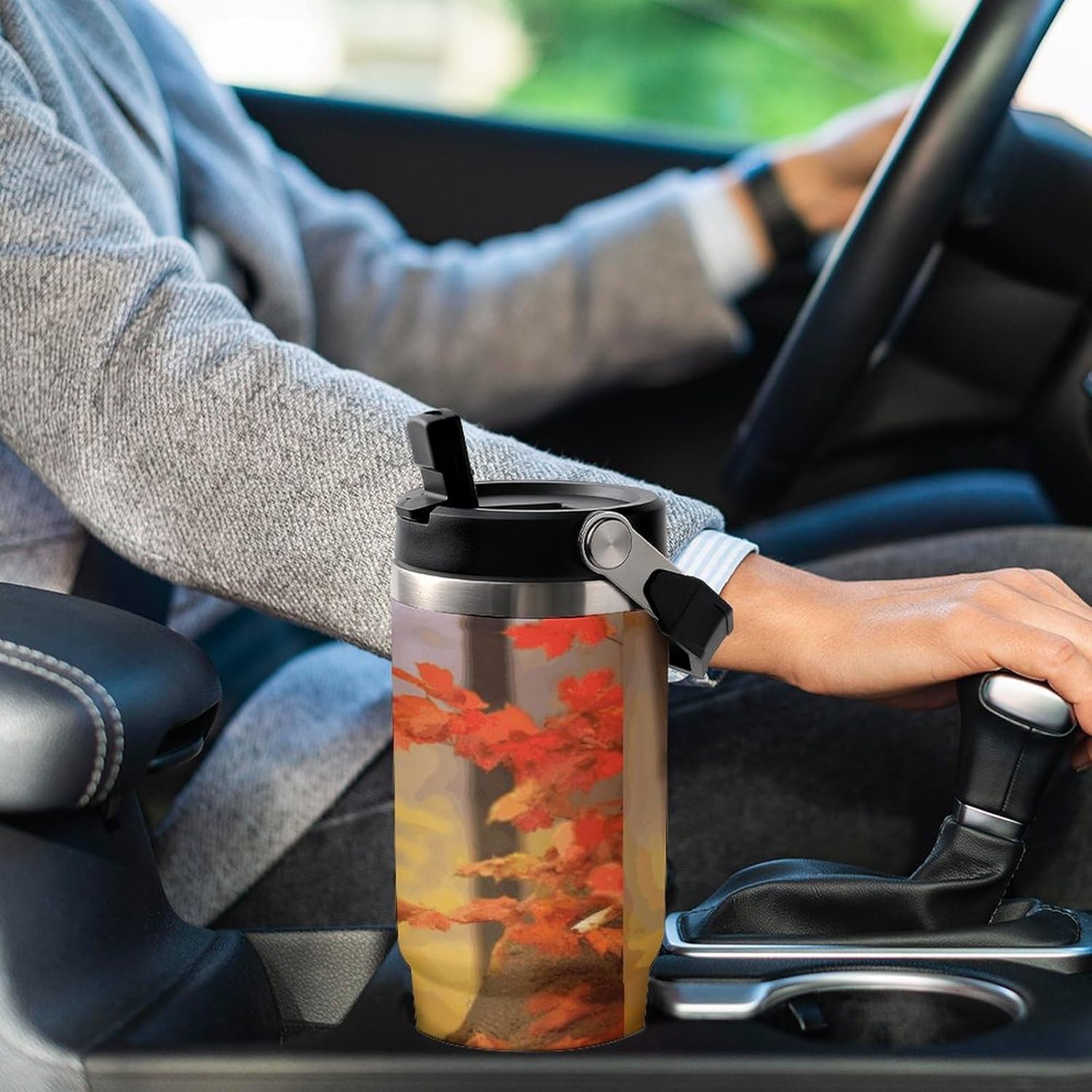 Brown Bear in Autumn Water Bottle 30 Oz Fits Car Cup Holder,Insulated Coffee Mug Large Capacity Car Cups,Stainless Steel Double Wall Sport Bottle for Travel Sports Gym