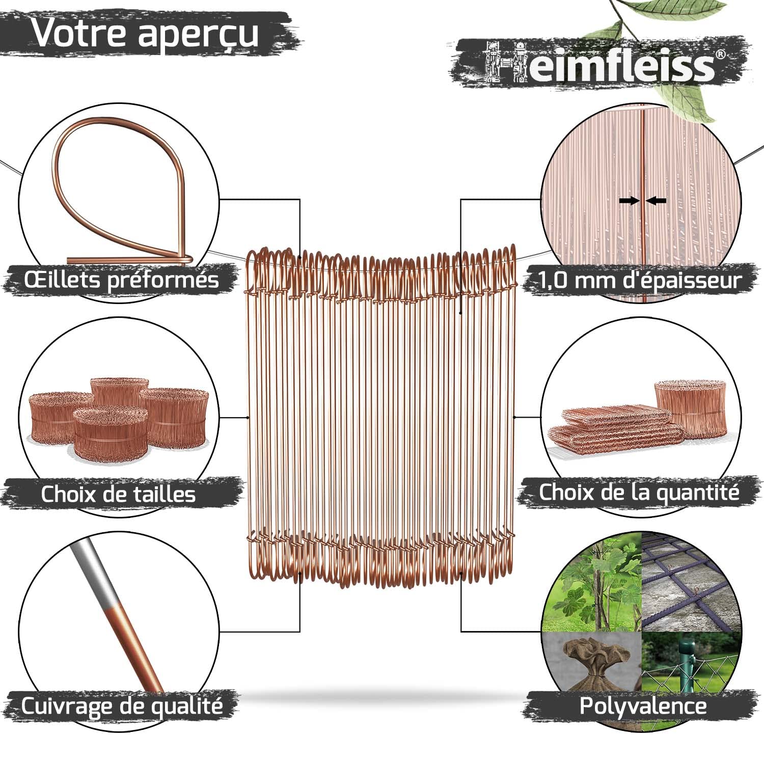 Heimfleiss® Liens à boucle 1,0 x 100-160 mm (1000 pcs.) - Fil d'attache cuivré - Fil à œillet pour tordeuse & pince à tordeuse - Fermeture de sac en fil métallique