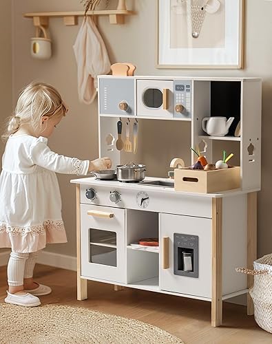 ROBOTIME Juego de cocina para niños, juego de cocina de madera con juego de alimentos de juguete de corte, tostadora y juegos de jardinería para