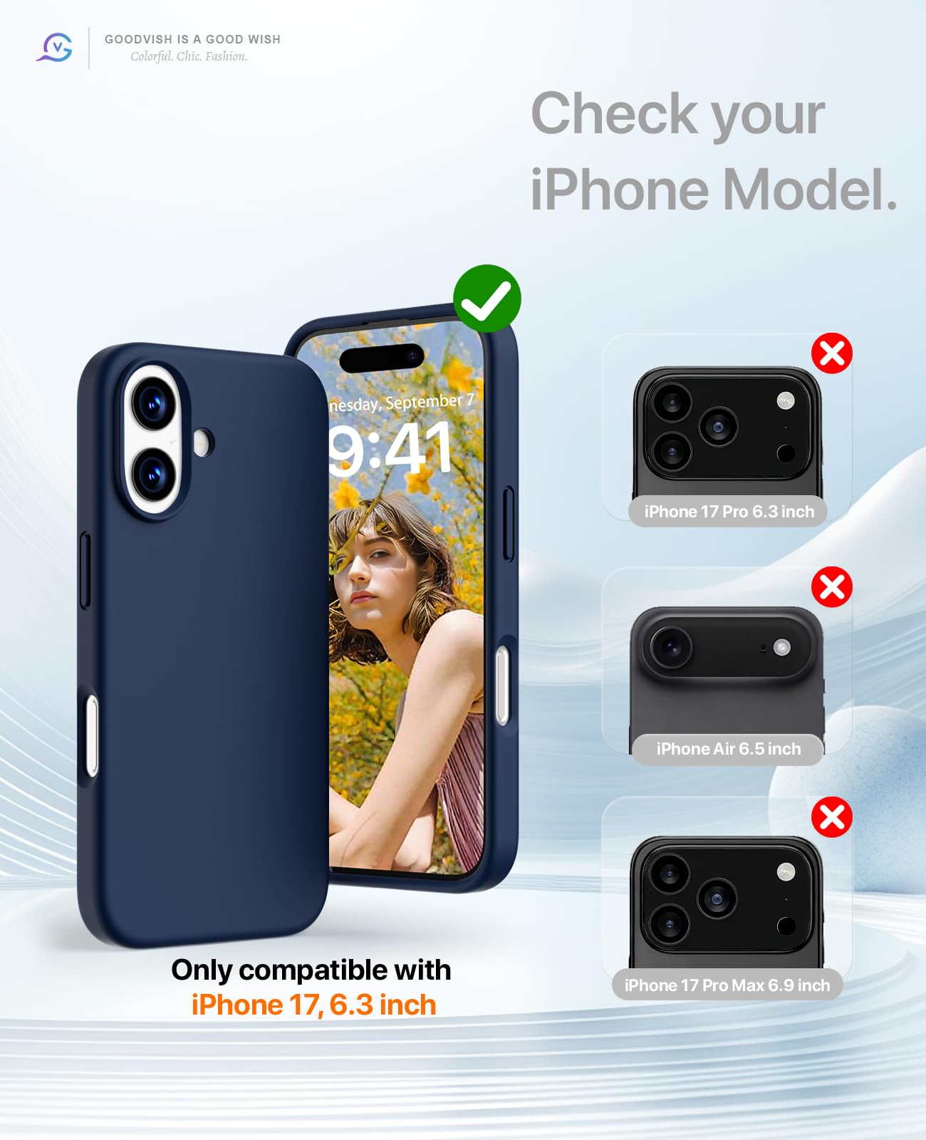 GOODVISH 3 in 1 Silicone Cover per iPhone 17 6.3", Custodia con 2 Pellicola Vetro Temperato [Protezione Fotocamera] 360° Protezione Anticaduta Case per Cellulare Antiurto Resistente, Navy Blu