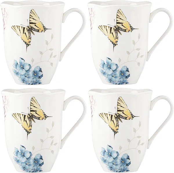 Lenox Butterfly Meadow Hydrangea 4-Piece Porcelain Mug Set, 4 Count (Pack of 1), Multi