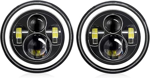 Shkalacar Faro LED de 7 pulgadas H4 140 W ojos de ángel redondos 4 modos 14000LM 6000 K blanco3000 K ámbar coche motocicleta faros auto anillo luces