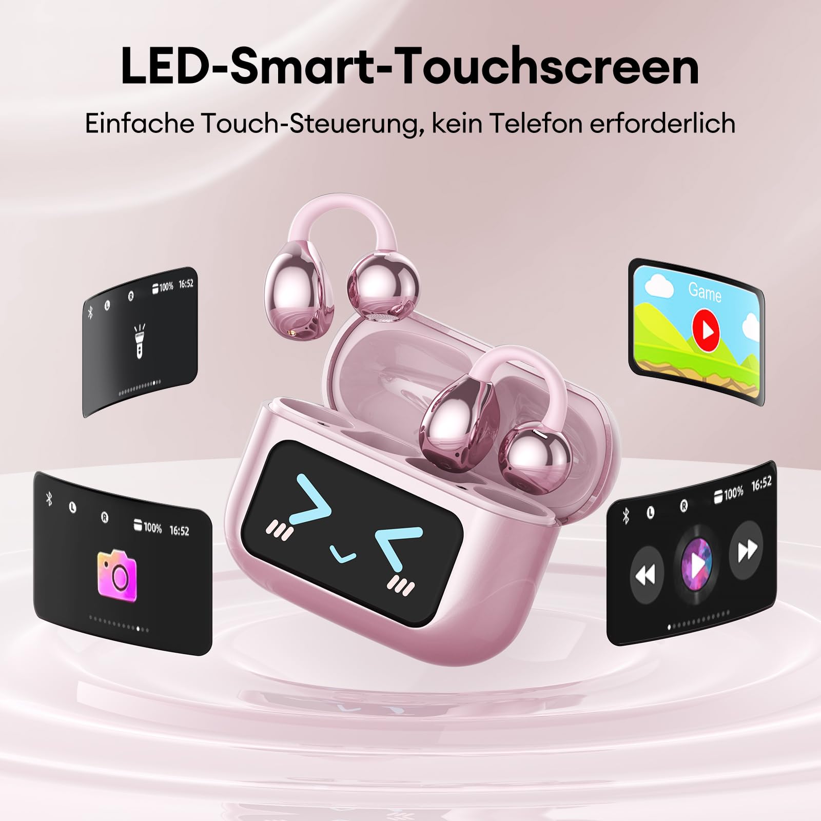 Clip On Schmuck Kopfhörer Open Ear Kopfhörer Kabellos Bluetooth 5.4 mit Intelligentem Touchscreen 4.1g Leichtgewicht Kopfhörer Sport, 60 Std Wireless Earbuds, M100 Schmetterling-Ohrring Rosa