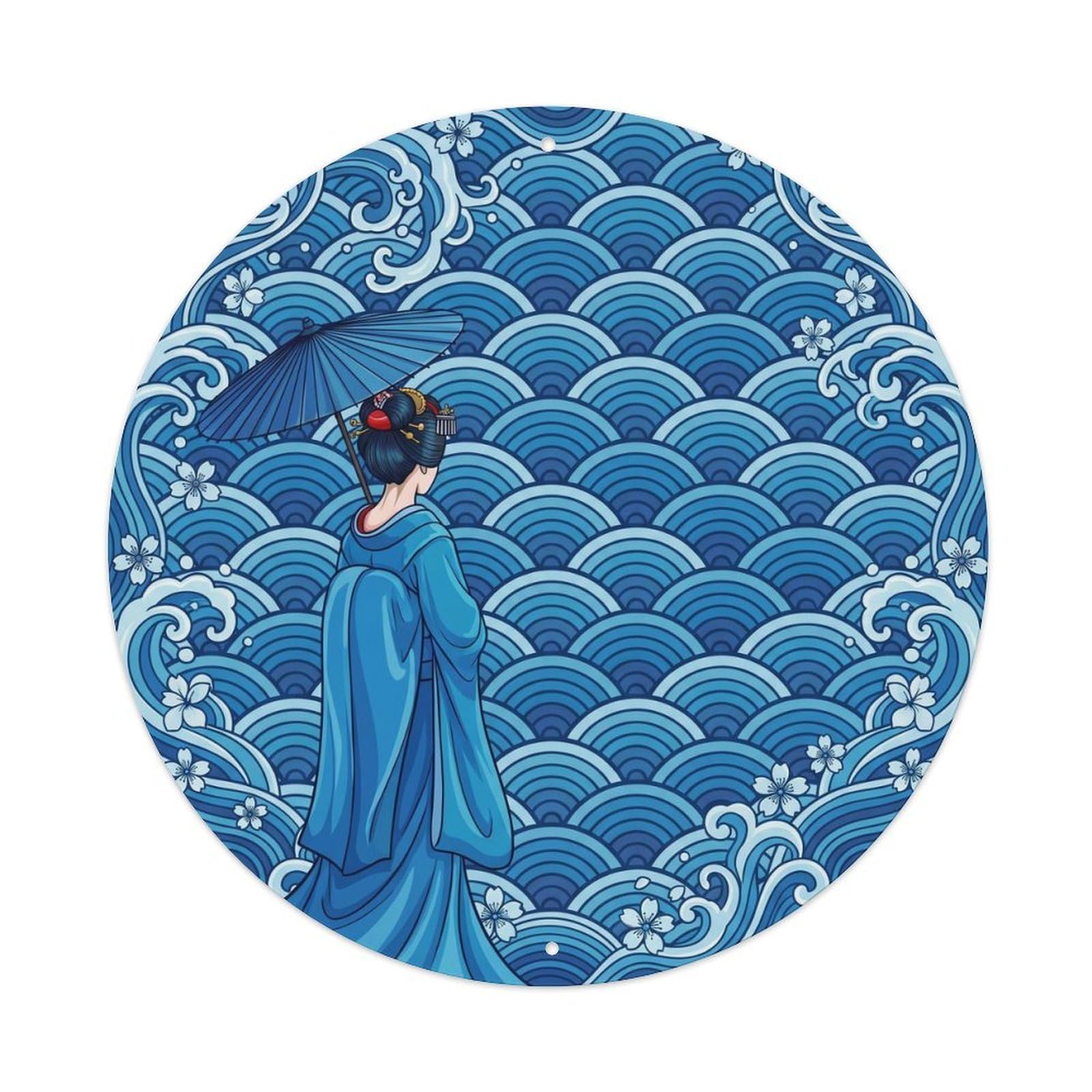 Galvaxio Style Japanese Kimono Woman Seigaiha Wave Pattern Tranquil Scene Metal Tin Sign