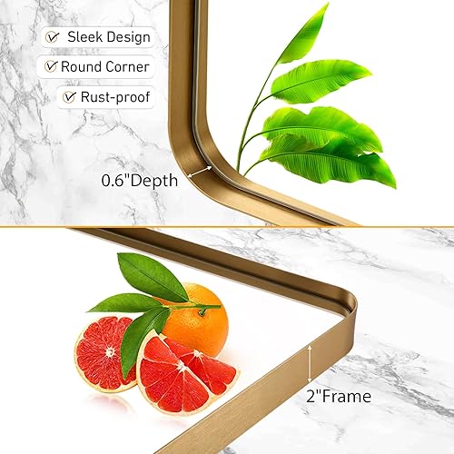Miniatura 4 de Espejo de baño dorado de 22 x 30 pulgadas, espejo rectangular con marco de metal cepillado con esquina redondeada, espejo de tocador de baño dorado