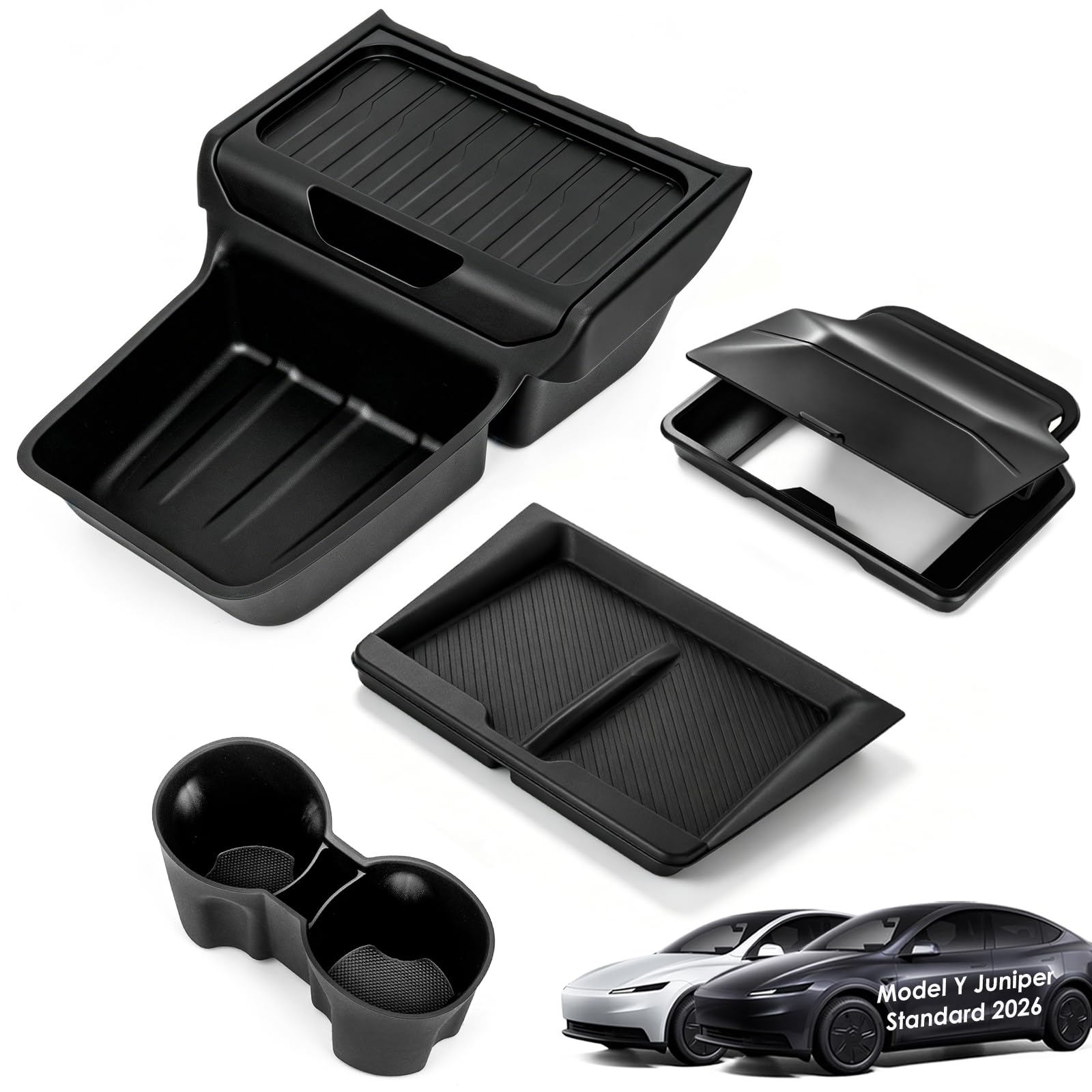 4 Pièces Accessoire pour Tesla Model Y Juniper Standard 2026 2025, Comprend un Rangement Inférieur Console Centrale, Rangement Dissimulé, Socle Recharge, Porte-gobelet