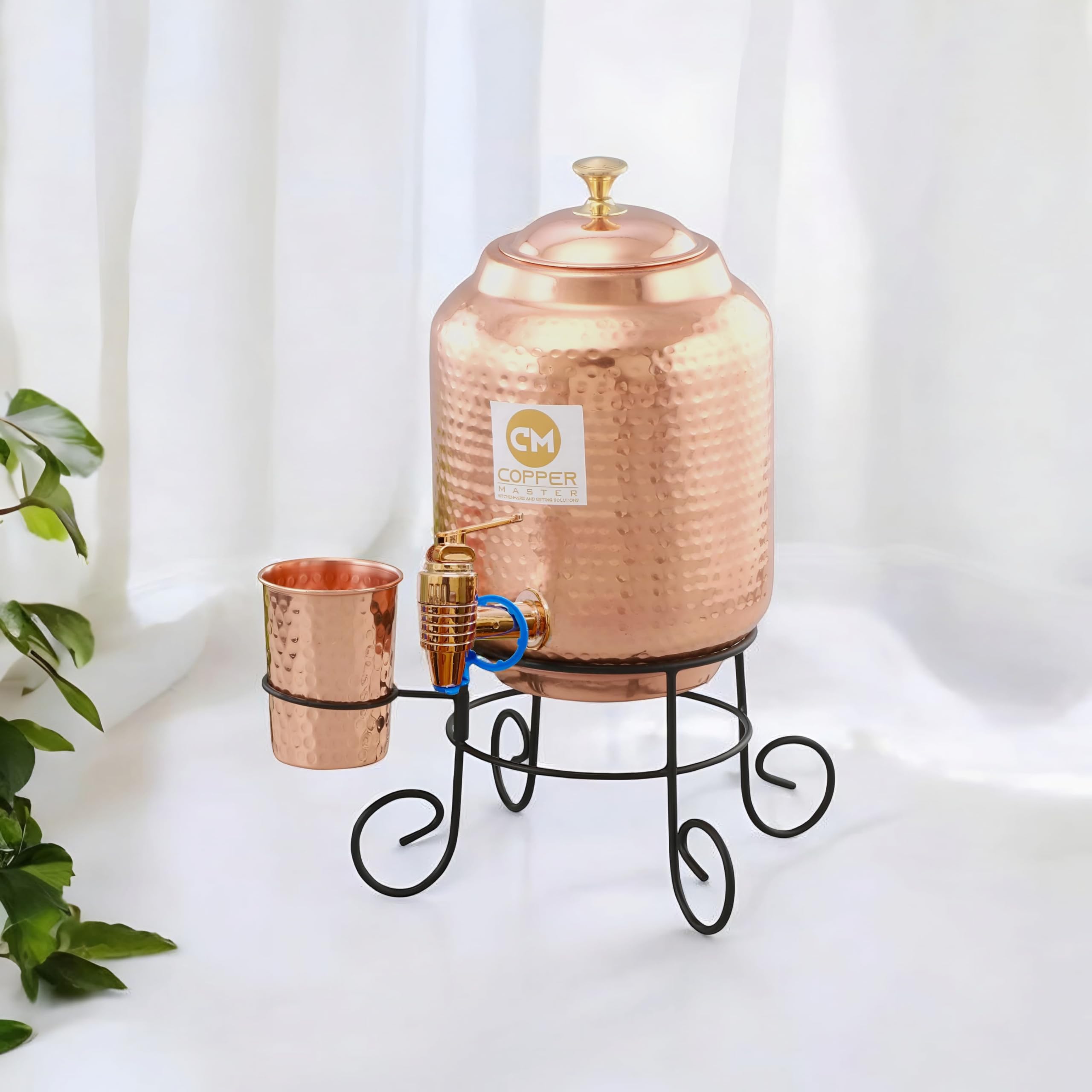 Copper-Master 5 Litre Pure Copper Water Dispenser Pot with Stand and 1 Copper Glass Hammered Design Drinkware & Water Storage Purpose with Many Ayurvedic Health Benefits.(5000ML)