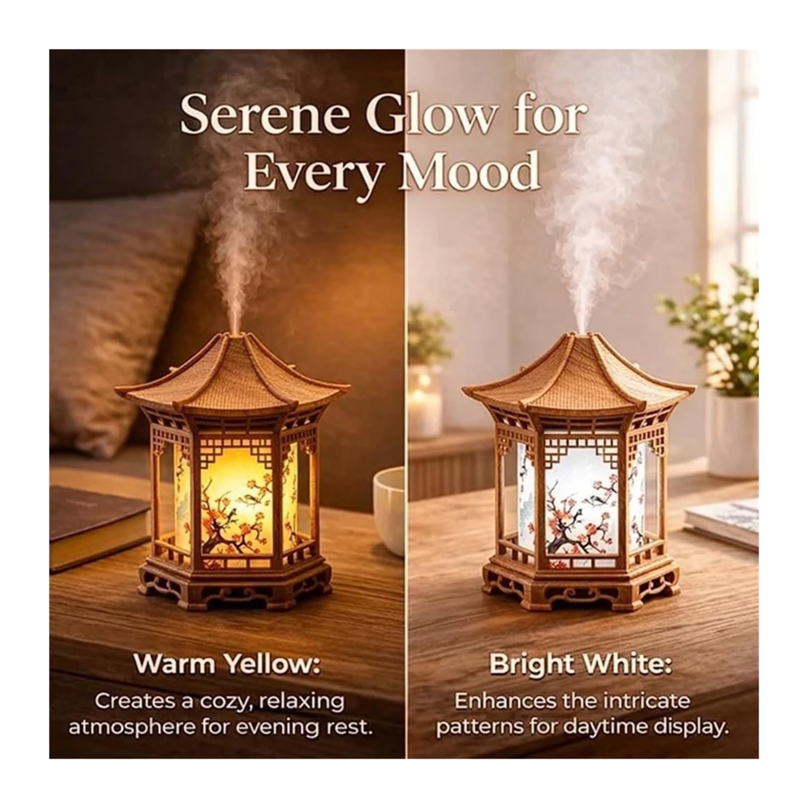 Zen Pavilion Lantern dyfuzor zapachowy i lampka nocna, 160 ml, dyfuzor olejków eterycznych, nawilżacz powietrza z 2 trybami mgły, ciepła zimna biel, LED, cichy, osobisty nawilżacz do jogi, medytacji