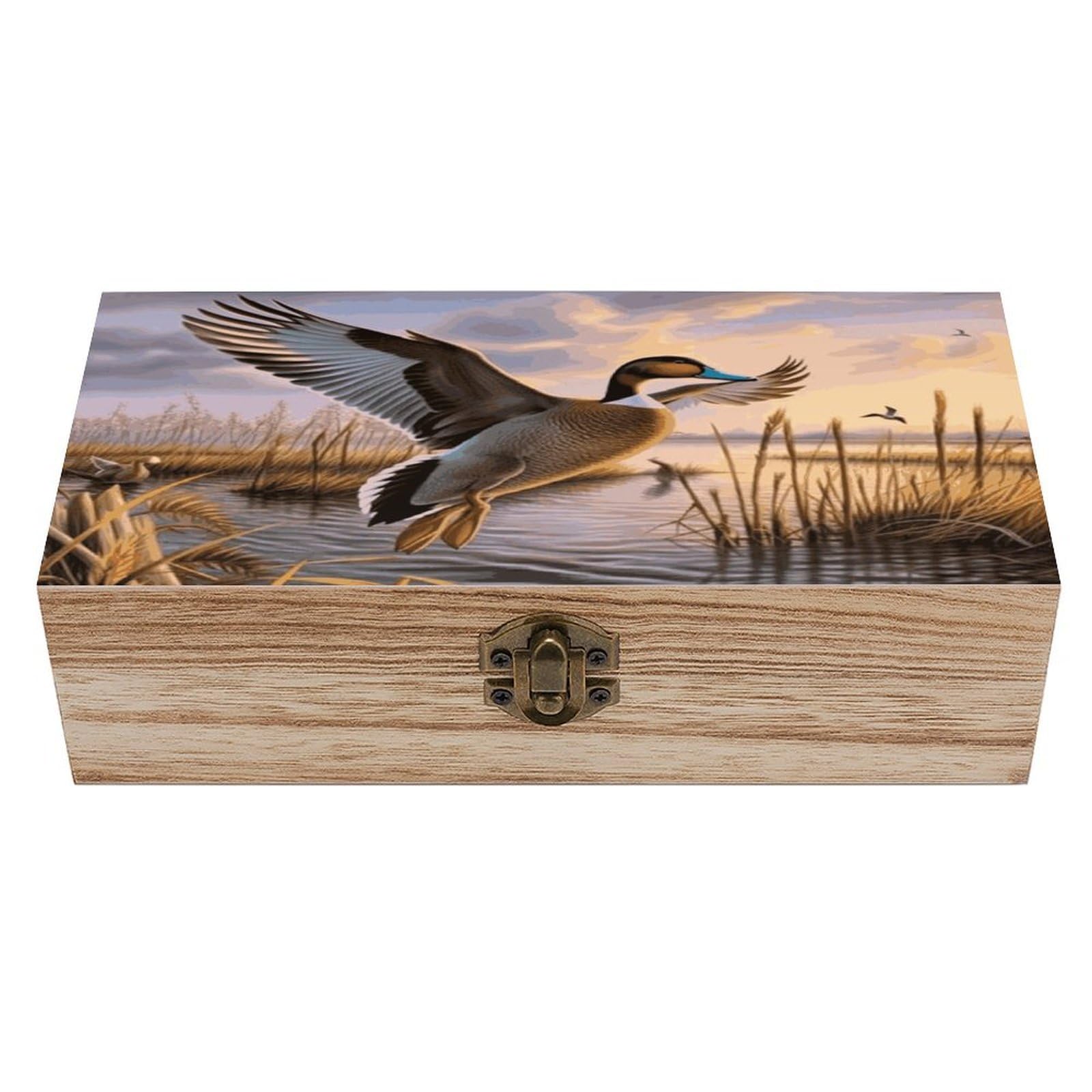 Btcowzrv Style Hunting Flying Wild Ducks Wooden Storage Box, Keepsake Box With Hinged And Retro Lock, Wood Jewelry Organizer For Photos & Mementos And Home Decor