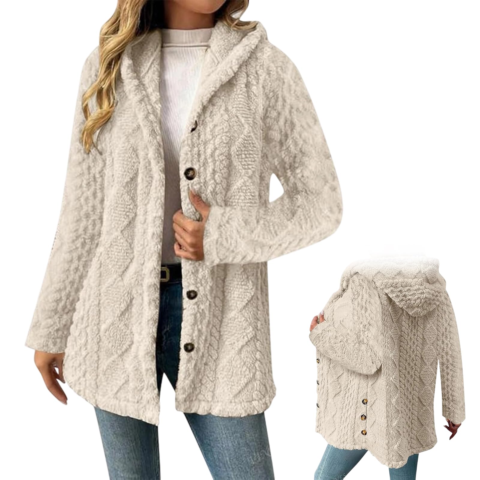 Womens Fall Winter Warm Fashion Jacquard Hooded Jacquard Knit Cardigan Long Sleeve Coat Stylish Outerwear
