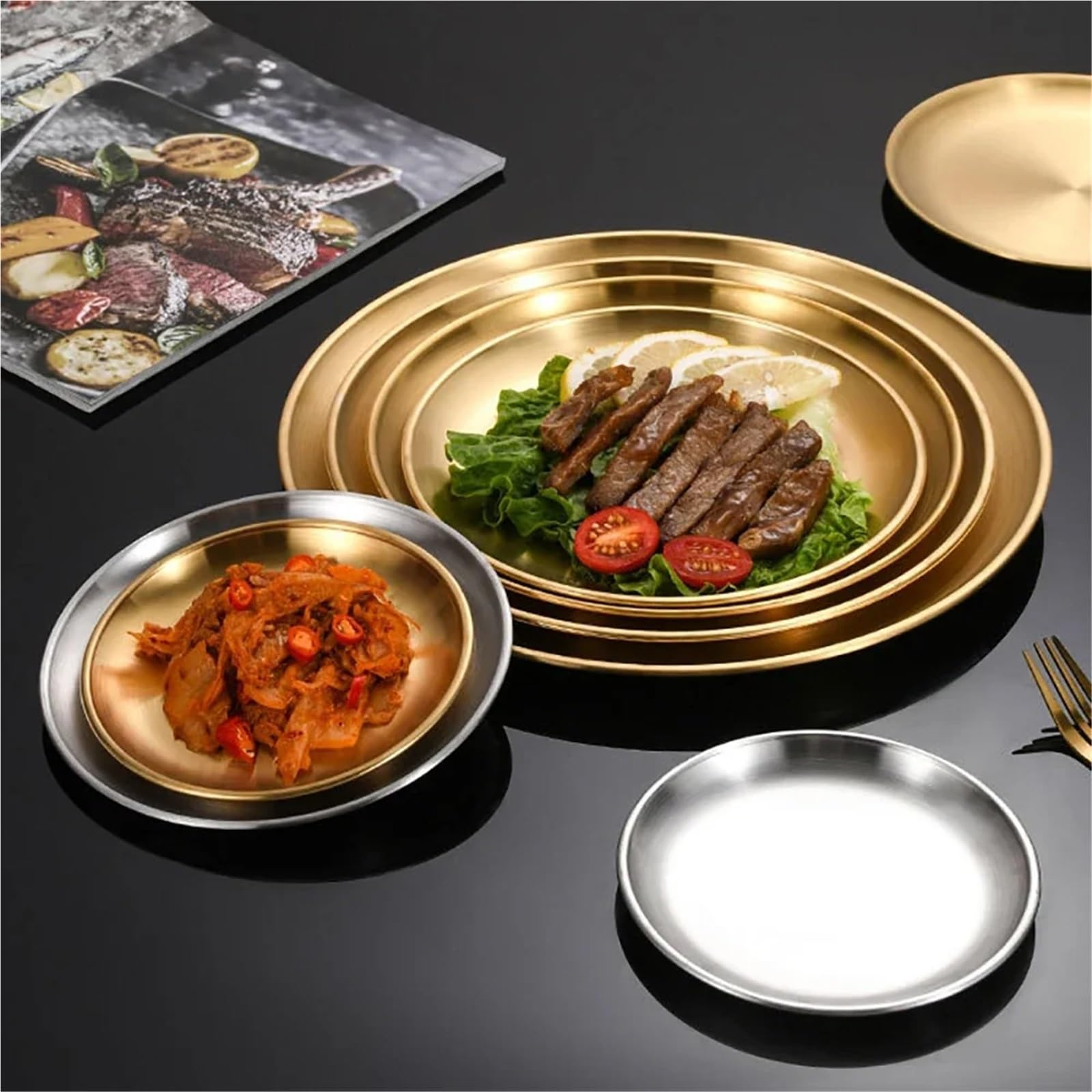 4 pezzi di vassoio rotondo in acciaio inossidabile argentato for frutta, carne, pentole e stoviglie per Cucina(Color2,23cm)