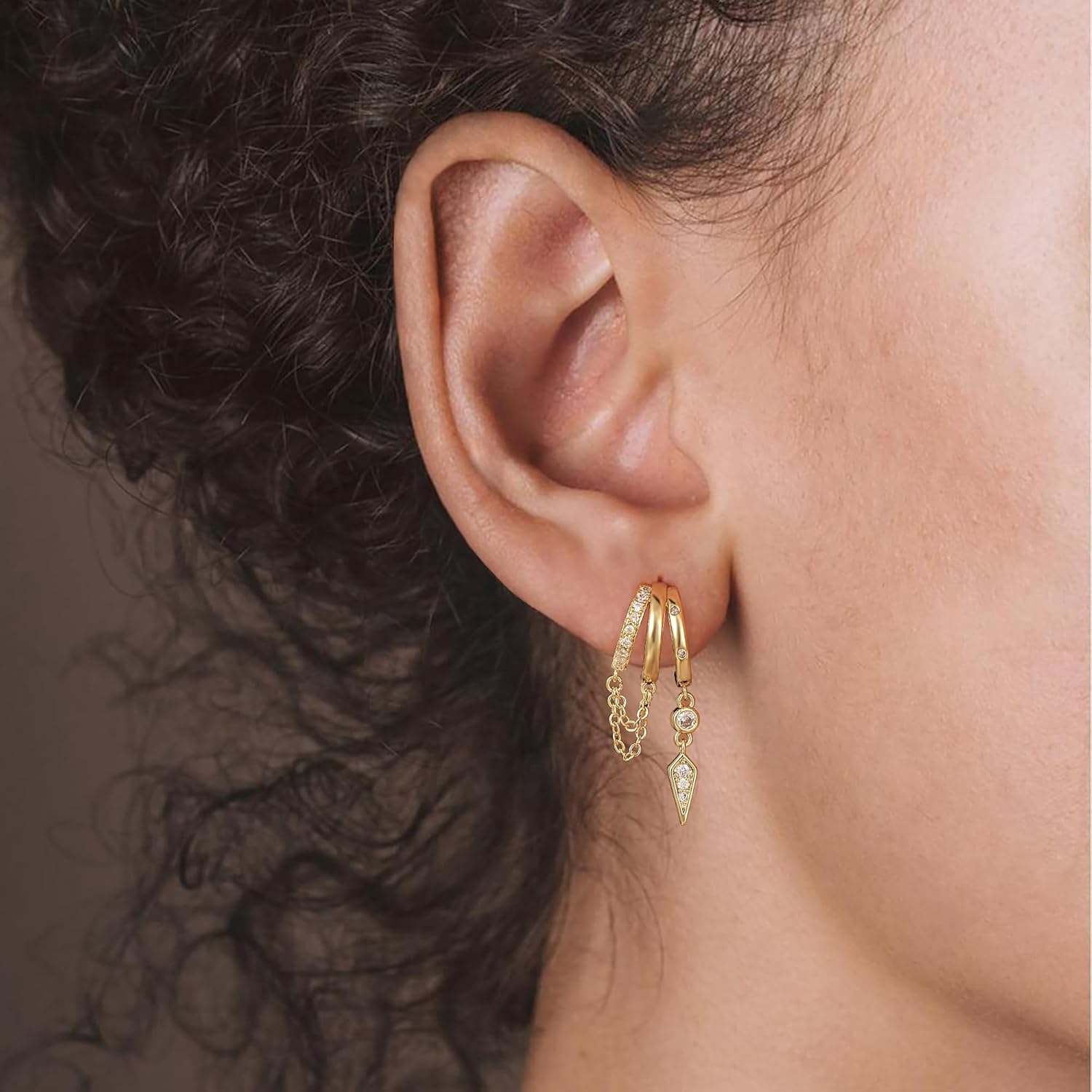 Freekiss 3 Hoop Illusion Huggie Earrings for Women, Hypoallergenic Dangle Drop Earrings Minimalist Stud Earrings with Cubic Zirconia, Gold Silver Choice - Image 4