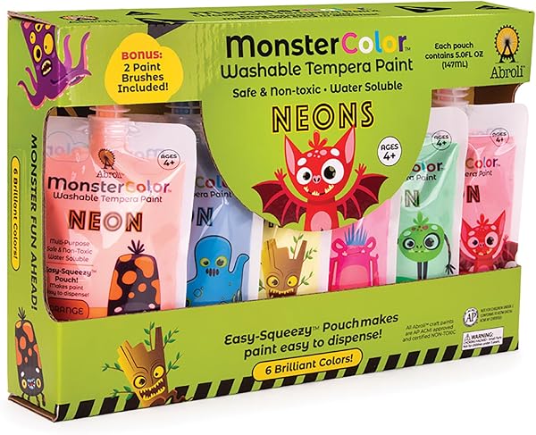 Abroli MonsterColor Washable Tempera Paint, 5 oz., Neon, 6-Pack - 1