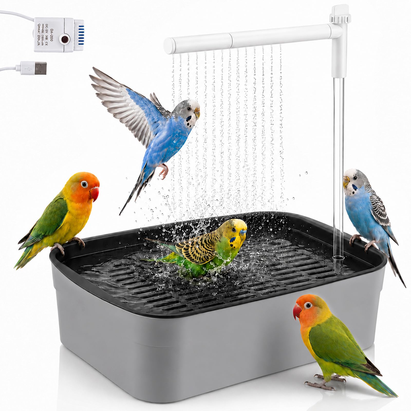 CaeliMuse Bird Shower Bath, Automatic Parrot Shower Bath with Multiple Circulating Faucet,USB Electric Bird Shower Bathing Tub for Parakeet Cockatiel Budgie Lovebird Small Medium Birds