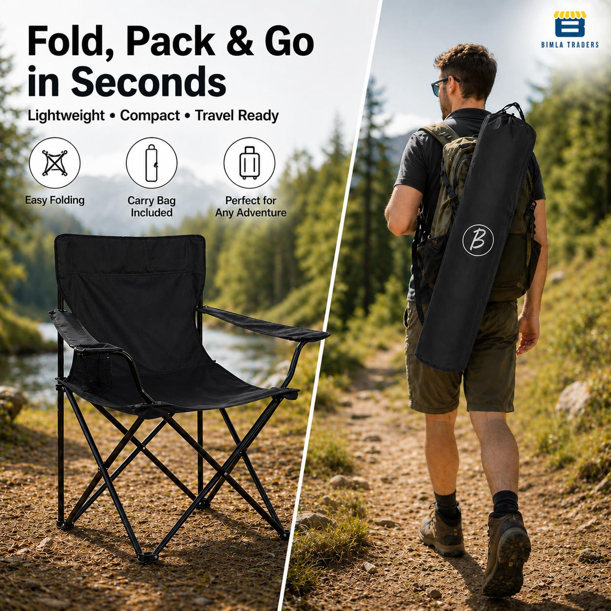BTAG Foldable Camping Chair with Armrest & Cup Holder, Portable Outdoor Chair with Carry Bag for Camping, Picnic, Fishing & Travel β Black 4