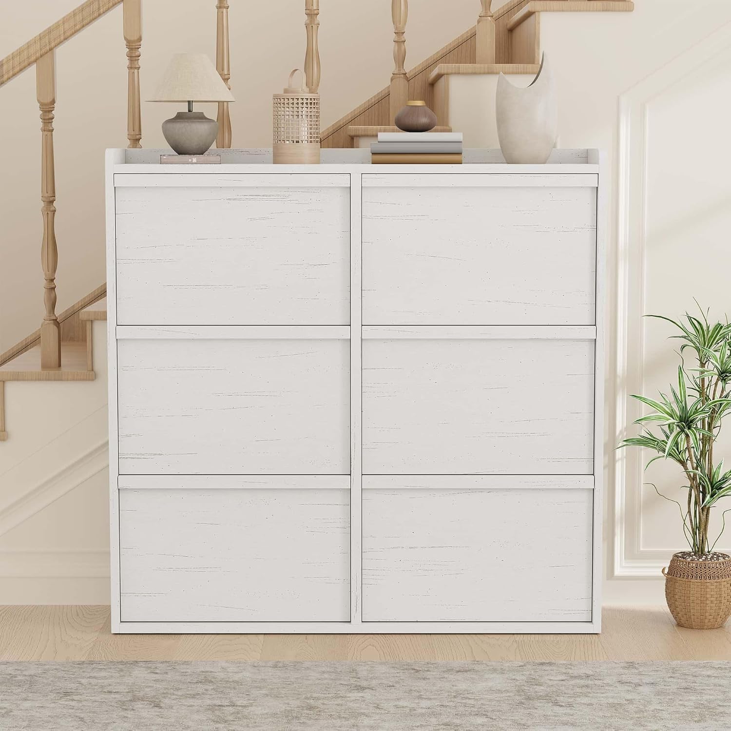 CABIHOME Shoe Cabinet with 6 Flip Drawers, Narrow Cabinet with Adjustable and Removable Shelves, Modern Wooden Shoe Organizer with Hidden Handle for Entryway, Hallway, Living Room, Antique White