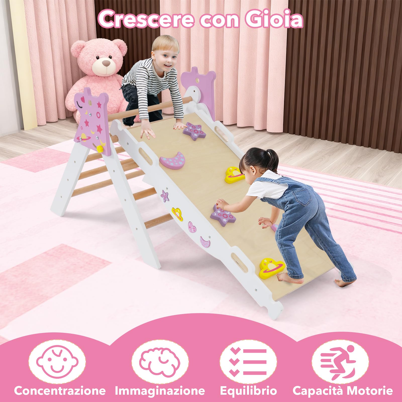 RELAX4LIFE Set da Arrampicata per Bambini, Triangolo di Arrampicata con Scivolo e Arco, Gioco di Incastri in Legno, Gioco Montessori per Bambini 1+ Anni (Unicorno-4 Pezzi | Bianco)