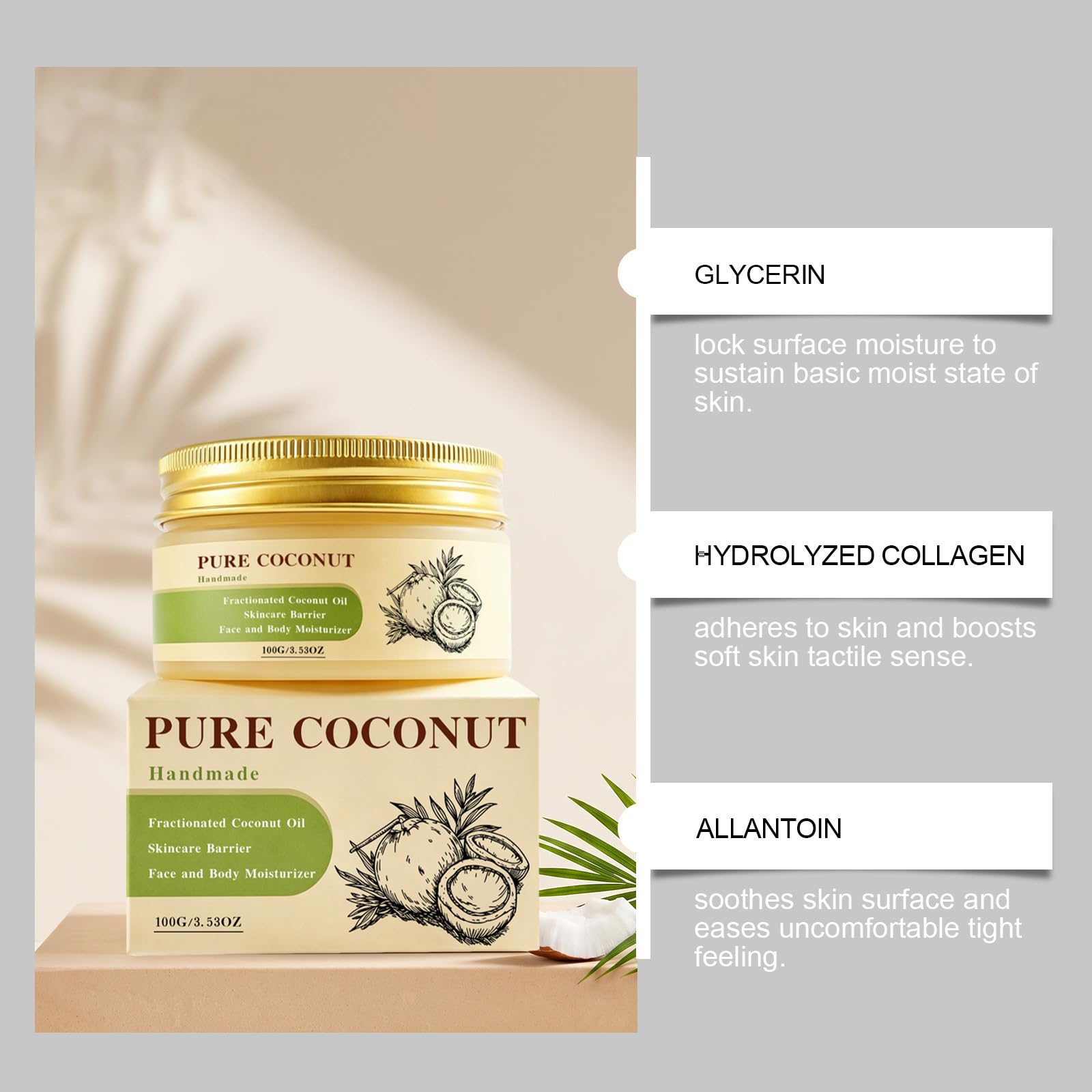 Crème à l'huile de noix de coco fractionnée pure, hydratant fait à la main pour le visage et le corps, soin de la barrière cutanée pour les peaux sèches, crème de noix de coco nourrissante (9PCS)