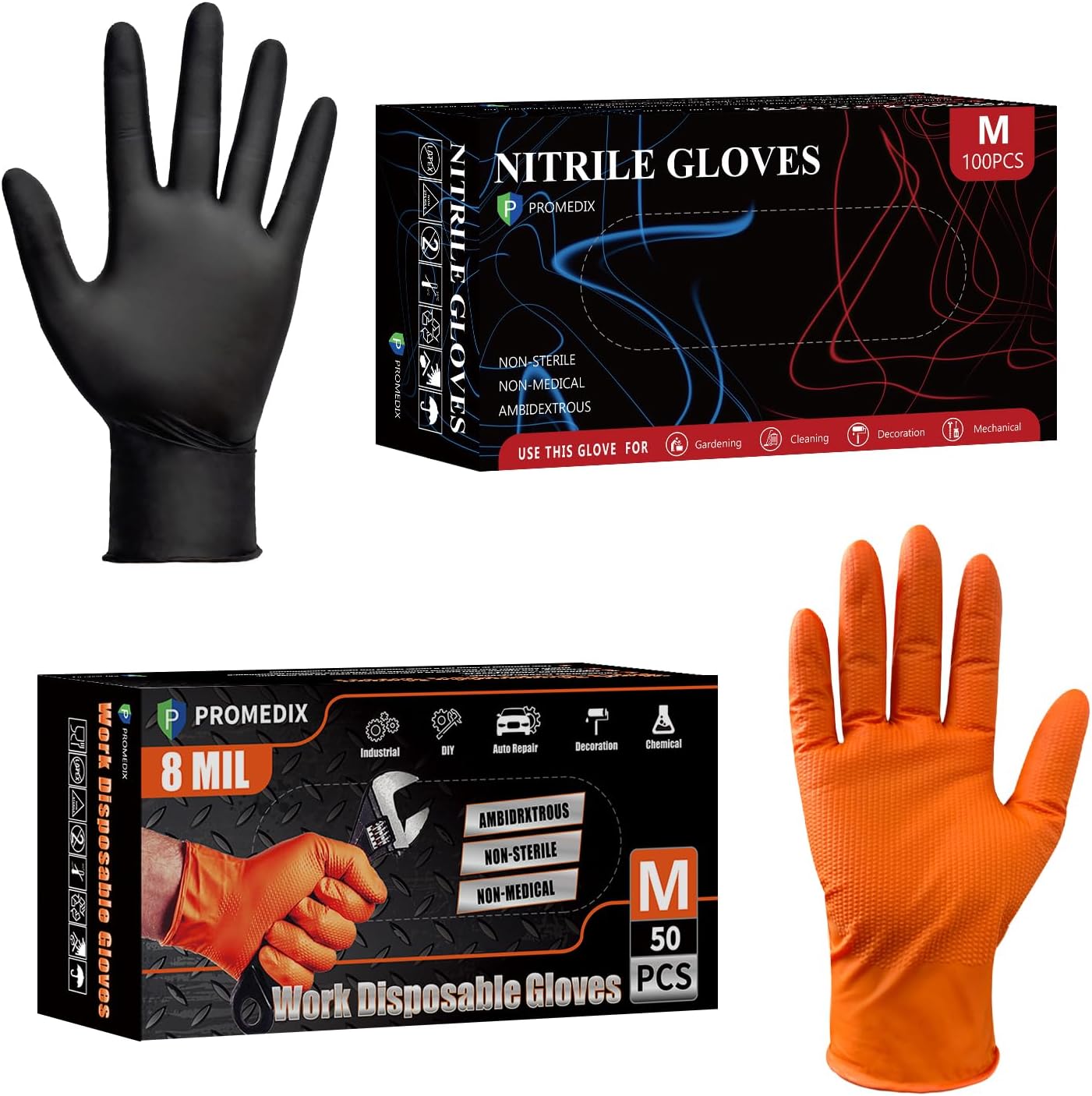 PROMEDIX P 4-mil 100 Count Black Nitrile Gloves & 8-mil 50 Count Orange Nitrile Gloves - Size Medium