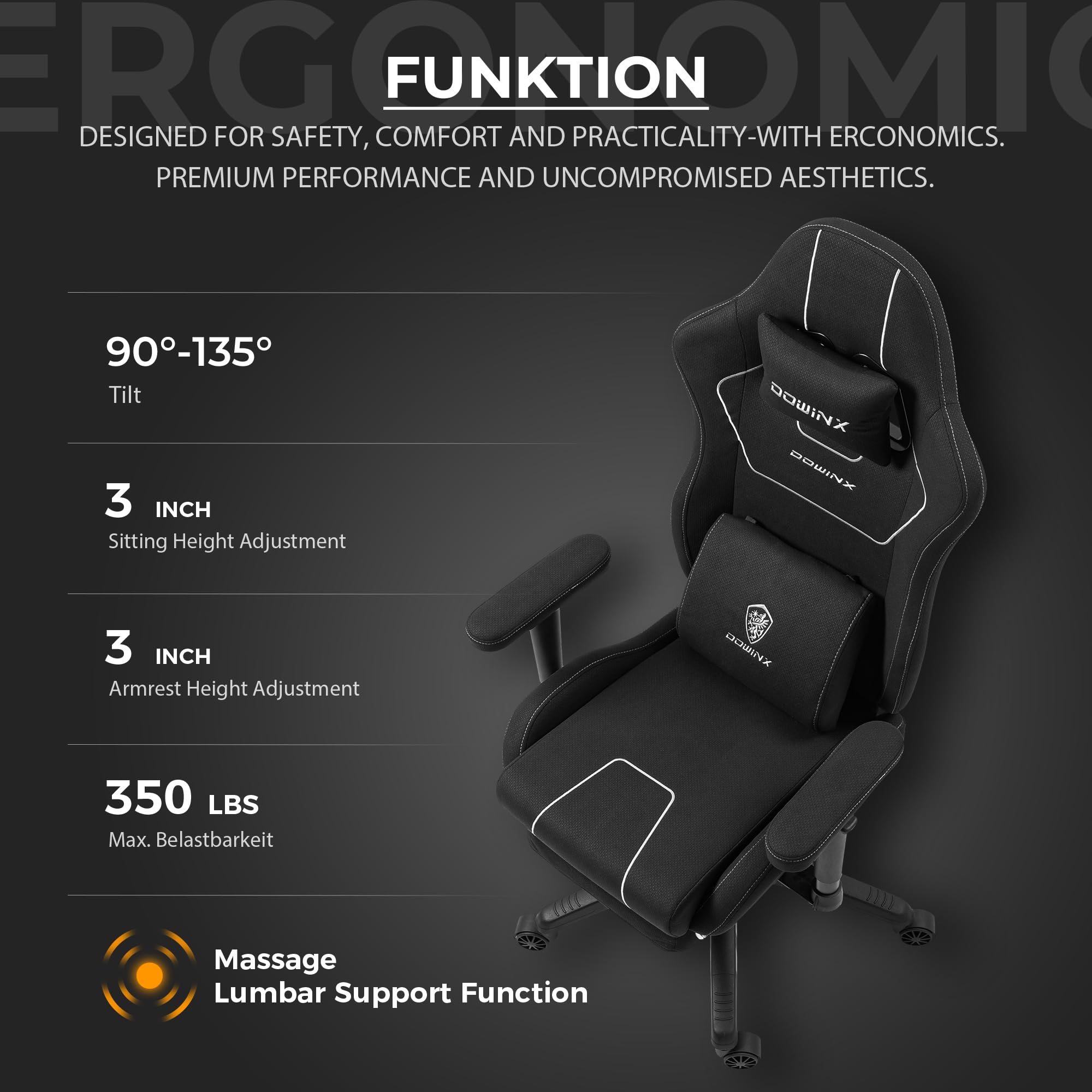 Dowinx Gaming Chair Tech Fabric with Pocket Spring Cushion, Ergonomic Computer Chair with Massage Lumbar Support and Footrest, Comfortable Reclining Game Office Chair 300lbs for Adult and Teen, Black