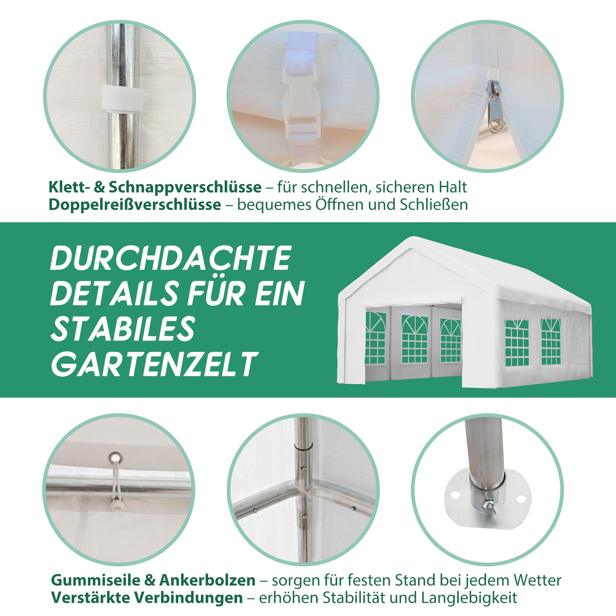 Pavillon 4x6 m, Faltpavillon, Wasserdicht, Winterfest, Pop Up Pavillon, UV Schutz Gartenpavillon mit 4 Seitenteilen, Partyzelt mit Fenstern für Camping Party, Weiß