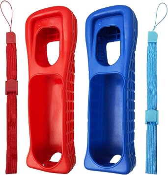 2 Pcs Silicone Skin Case Cover with Wrist Strap for Wii Remote Red+Blue