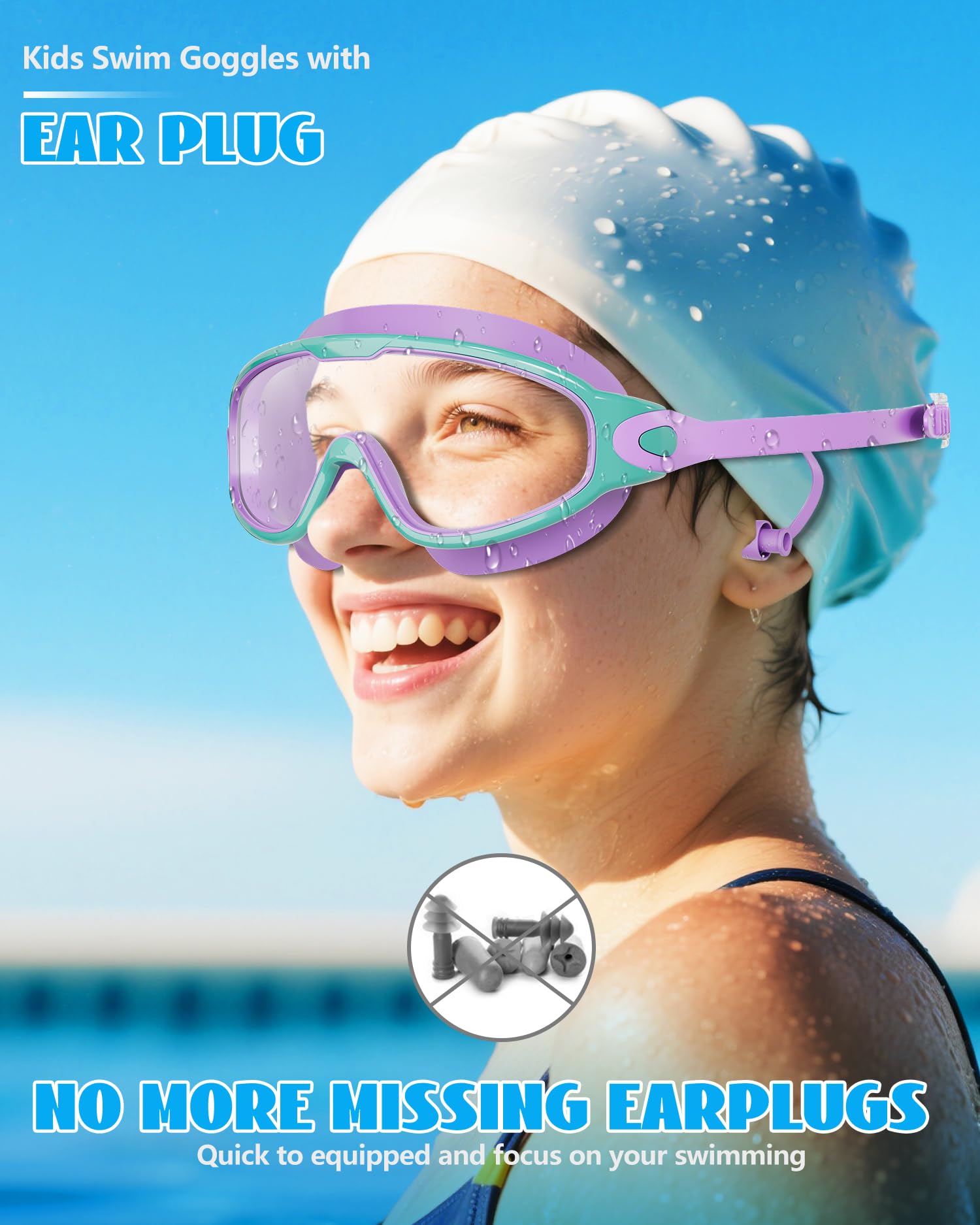 Aegend Occhialini da nuoto per bambini, con ampia vista, anti-appannamento/UV, senza perdite, con tappi per le orecchie, per bambini dai 3 ai 14 anni