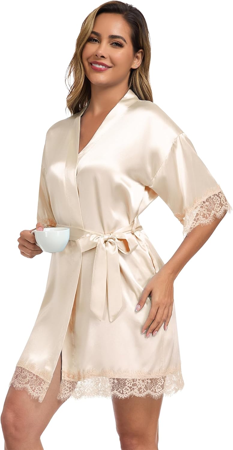 Women's Lace Trim Kimono Robe Bride Bridesmaids Wedding Shower Satin Short Robe Bridal Party Nightgown - Image 4