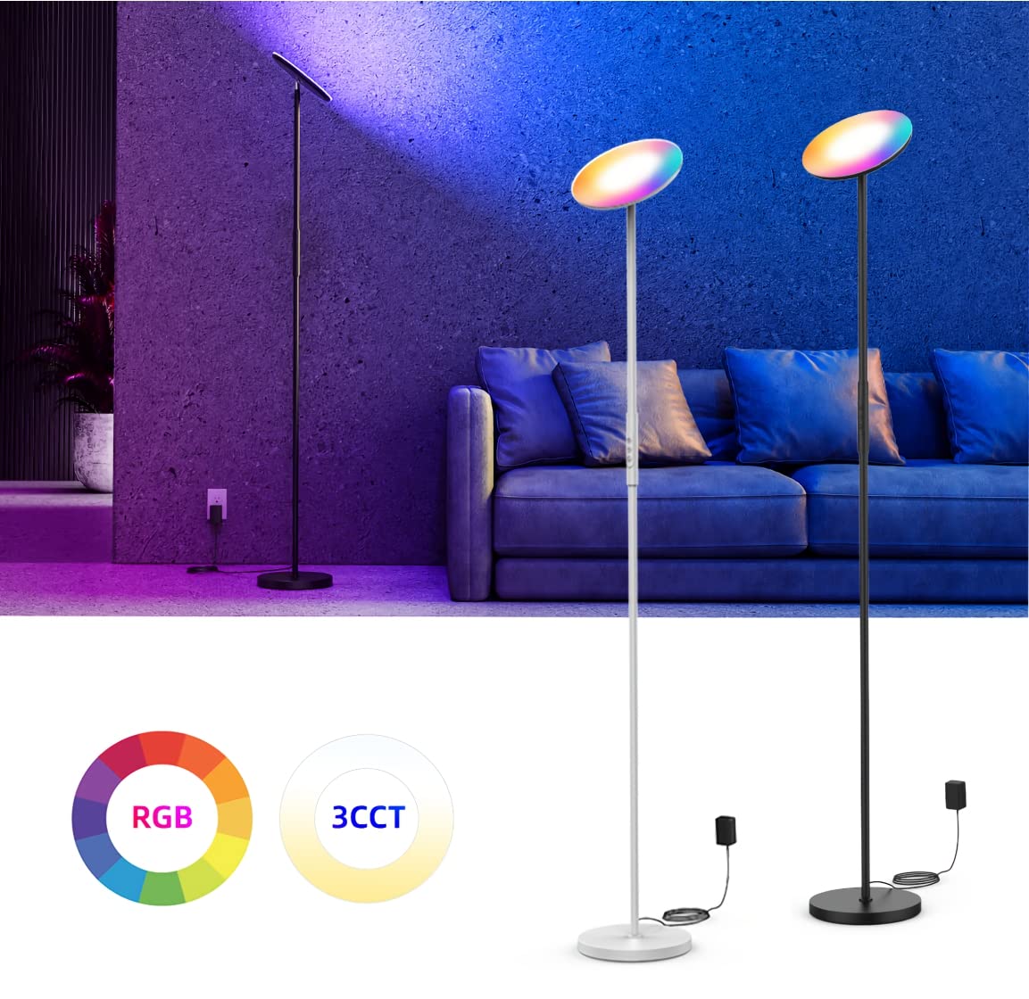 Wohnzimmerfuß SMART, WI-FI + Touch-Sensor + App-Steuerung, dimmbar, 3000 K-6000 K + RGB 25 W, schwarz matt lackiert, schwenkbar, drehbar, indirektes Licht.