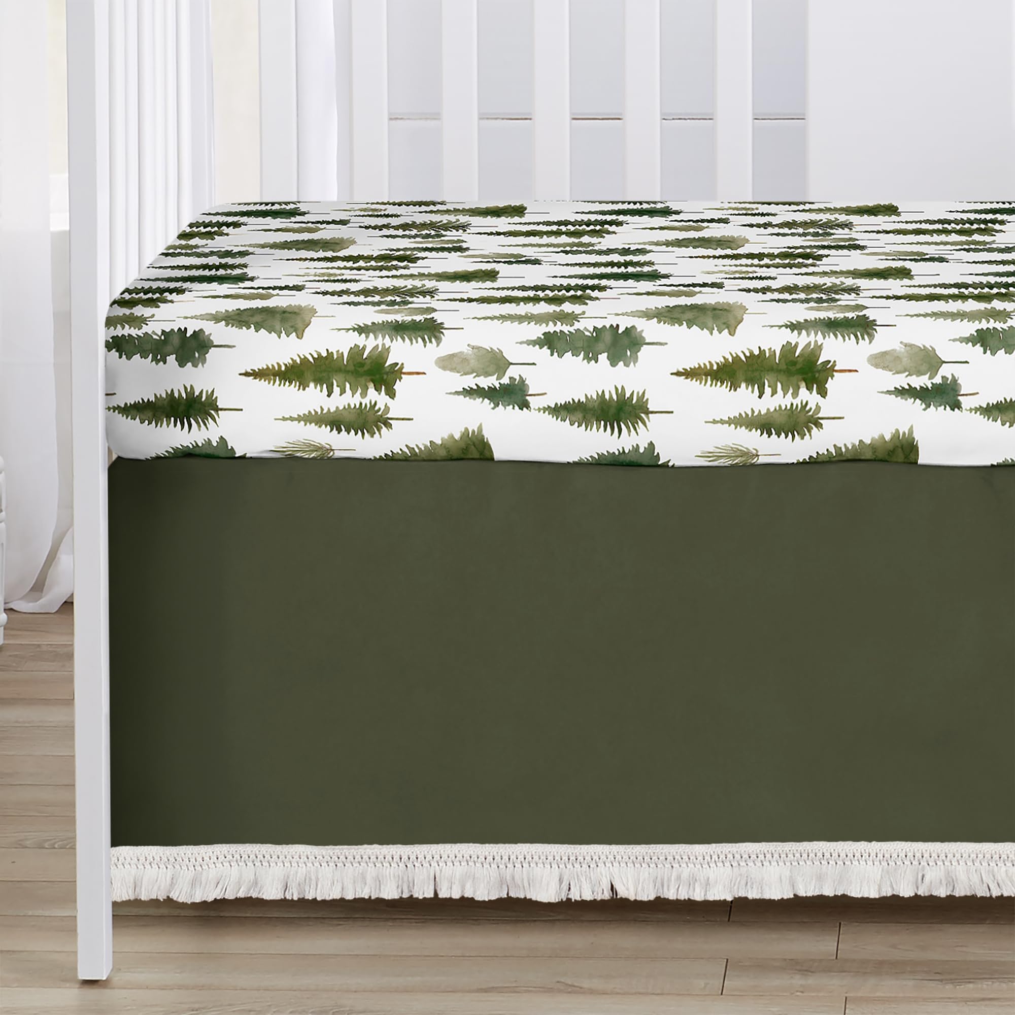 Sweet Jojo Designs Juego de ropa de cama unisex para cuna de bebé, manta de bebé, sábana bajera, falda, apilador de pañales, 4 piezas, temática de bosque, naturaleza, pino, acuarela, flecos