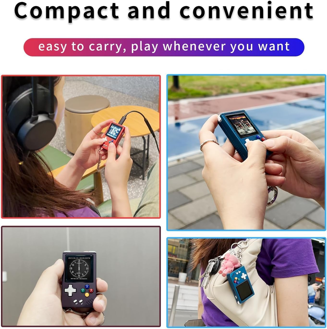 Four images showing the RG Nano being used in various compact and convenient scenarios, such as with headphones, attached to a keychain, and held in hand.