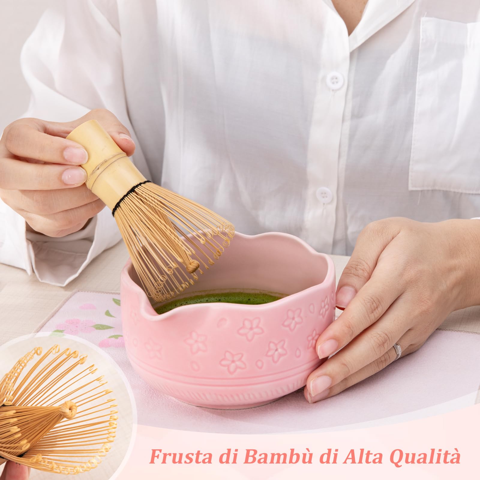 Matcha Kit - Matcha Set 7 pezzi: ciotola in ceramica, frusta e portafrusta, cucchiaio in bambù e porta in ceramica, colino, strofinaccio, regali per principianti e appassionati con elegante scatola