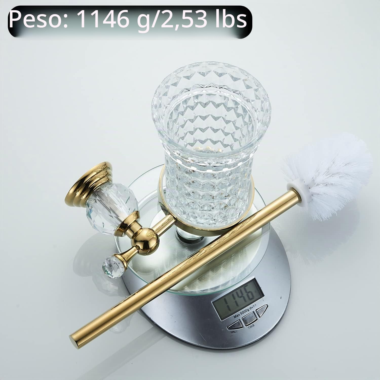 WOLIBEER Soporte para escobilla de Inodoro de Cristal, Mango de Cepillo Dorado Pulido con Cabezal de Cepillo reemplazable, Juego de Limpieza de baño de Acero Inoxidable montado en la Pared