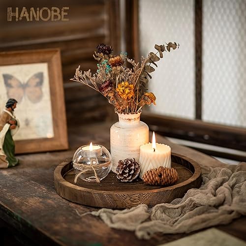 Miniatura 2 de Hanobe Bandeja decorativa de madera para servir plato de madera redondo rústico para decoración de centro de mesa, bandejas pequeñas para