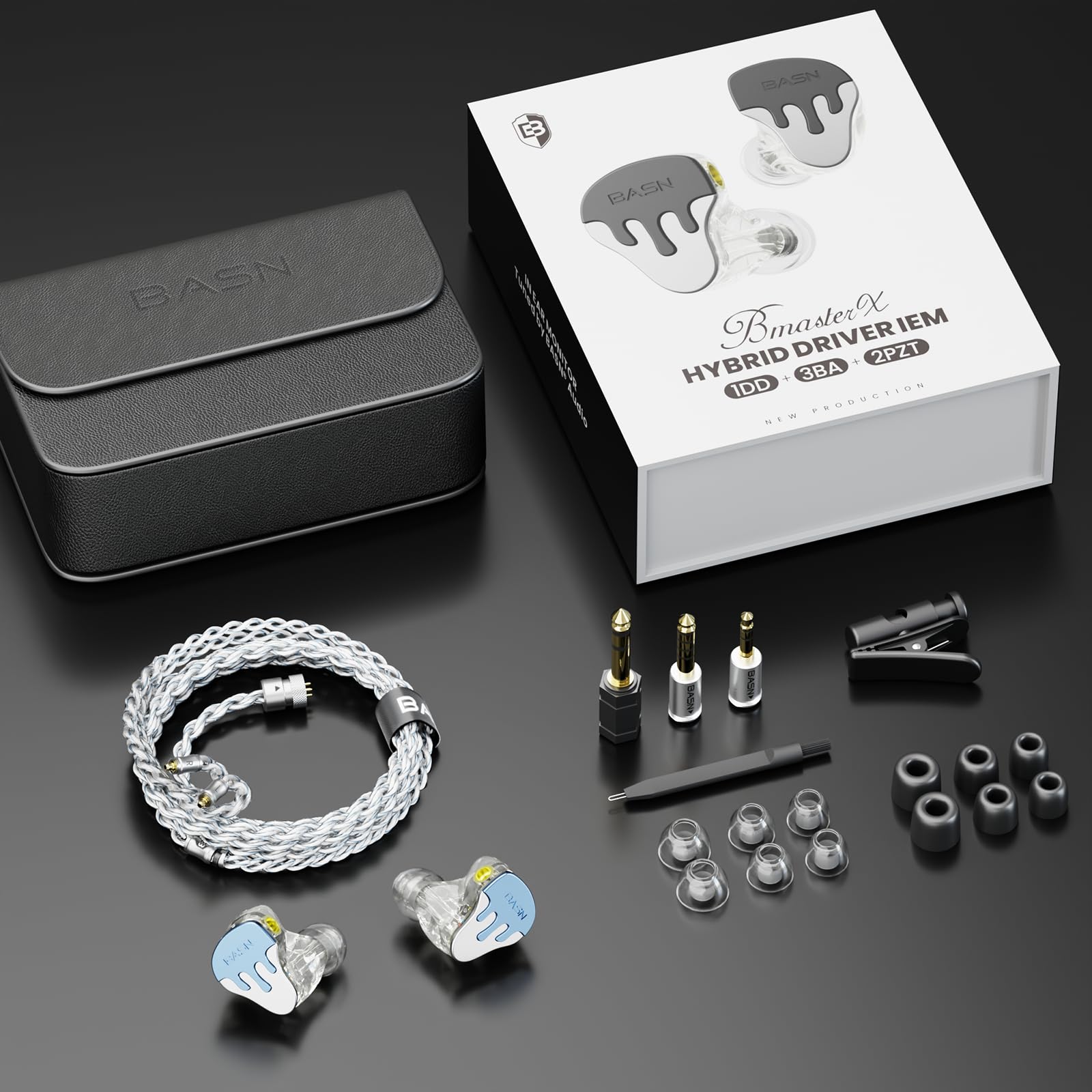 BASN BmasterX In-Ear-Audio-Monitor, Hybrid-IEM-Kopfhörer mit 6 Treibern, kristallklarem Klang, abnehmbares Kabel, Plus Tragetasche und Fit-Kit für Musiker, Bühne, Studio (3,5 mm/4,4 mm Klinke, blau | Kristallklarer Klang, abnehmbares Kabel, Tragetasche, f