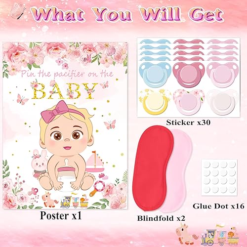 Miniatura 6 de Pin The Chupete On The Baby Shower Juego de decoración de fiesta de baby shower, incluye póster grande, 30 calcomanías para chupete, juego para
