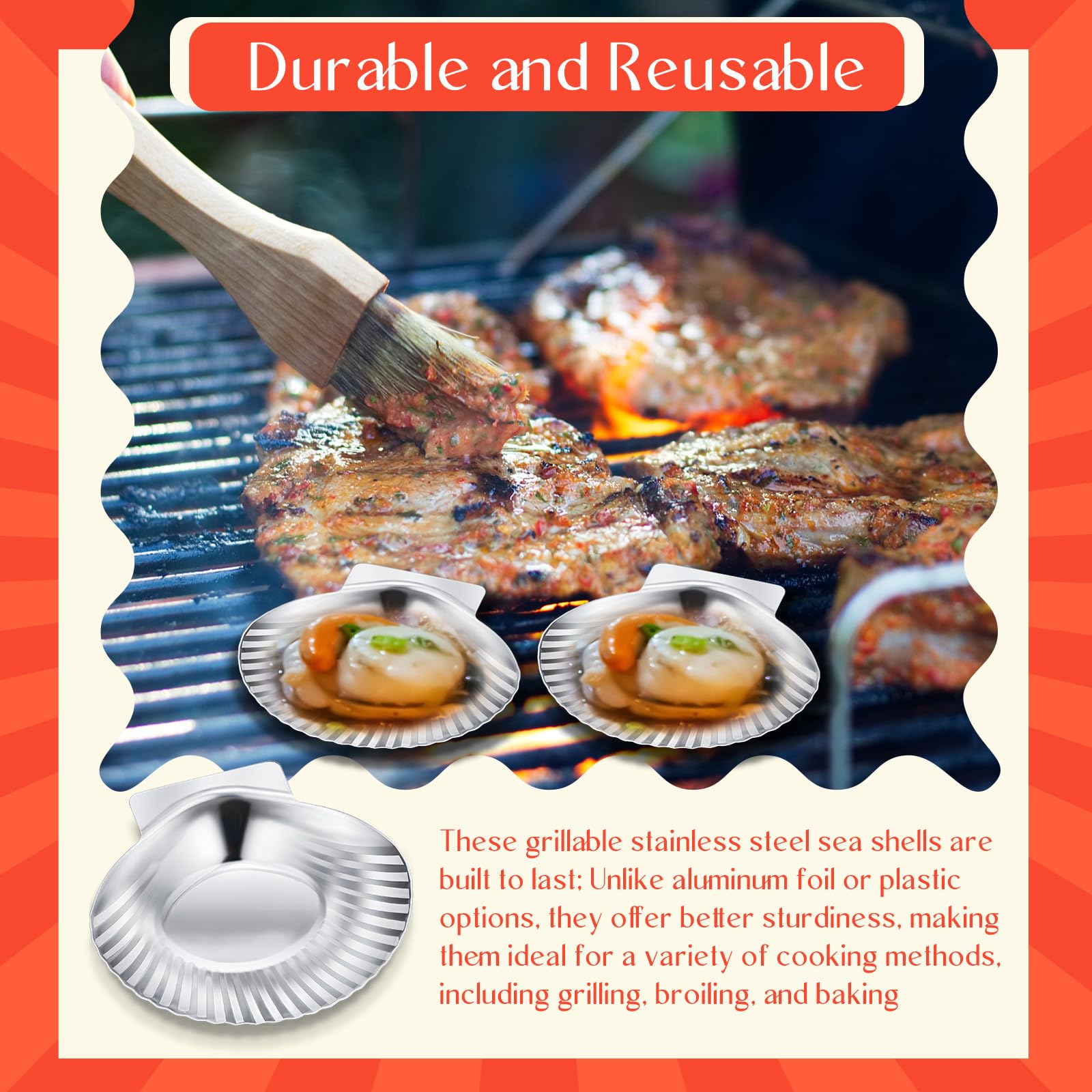 Baderke Grillbare Muscheln, Edelstahl, wiederverwendbar, Allzweck, Grillbar, große Jakobsmuschelschalen, Backform für Austern, gebackene Muscheln, Muscheln, Meeresfrüchte, 8,1 cm, 100 Stück