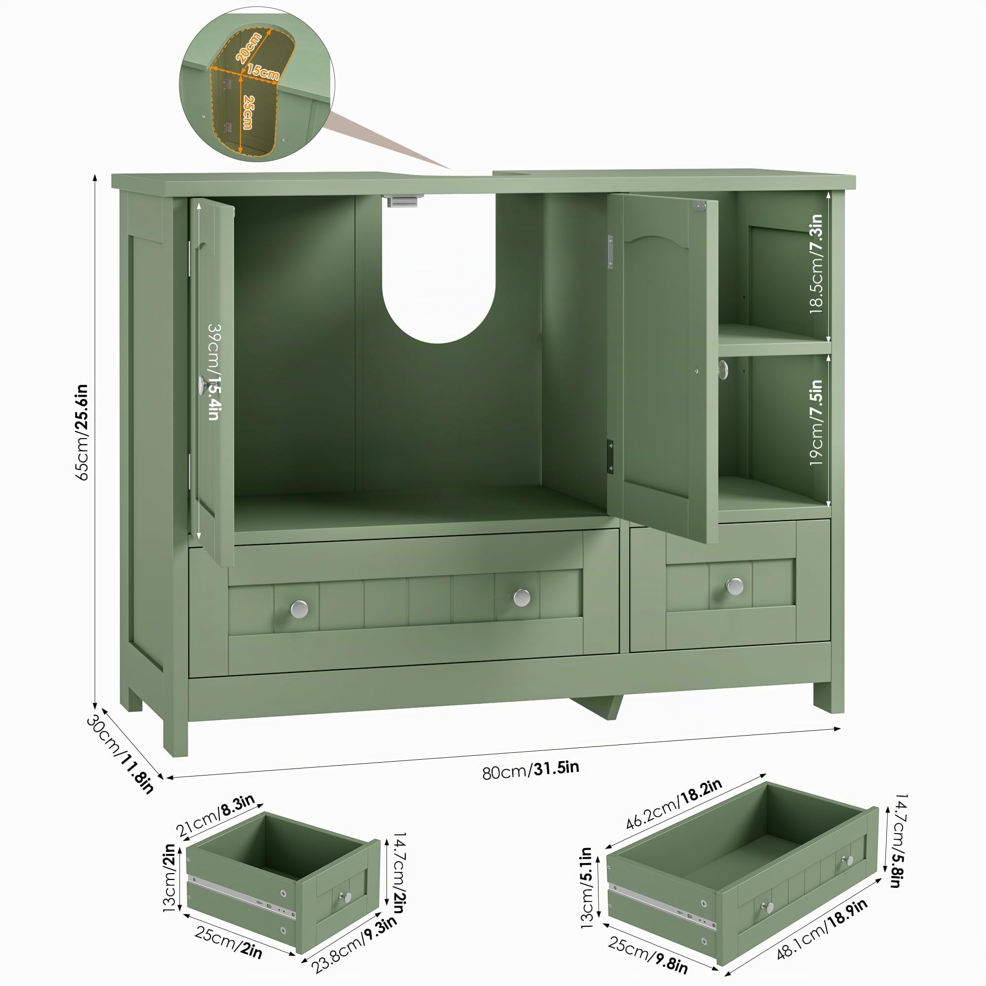 FOREHILL 80cm Mueble Bajo Lavabo, Mueble Baño, Mueble Lavabo con Pie | con 2 Puertas, 2 Cajones, Verde, 80x30x65cm