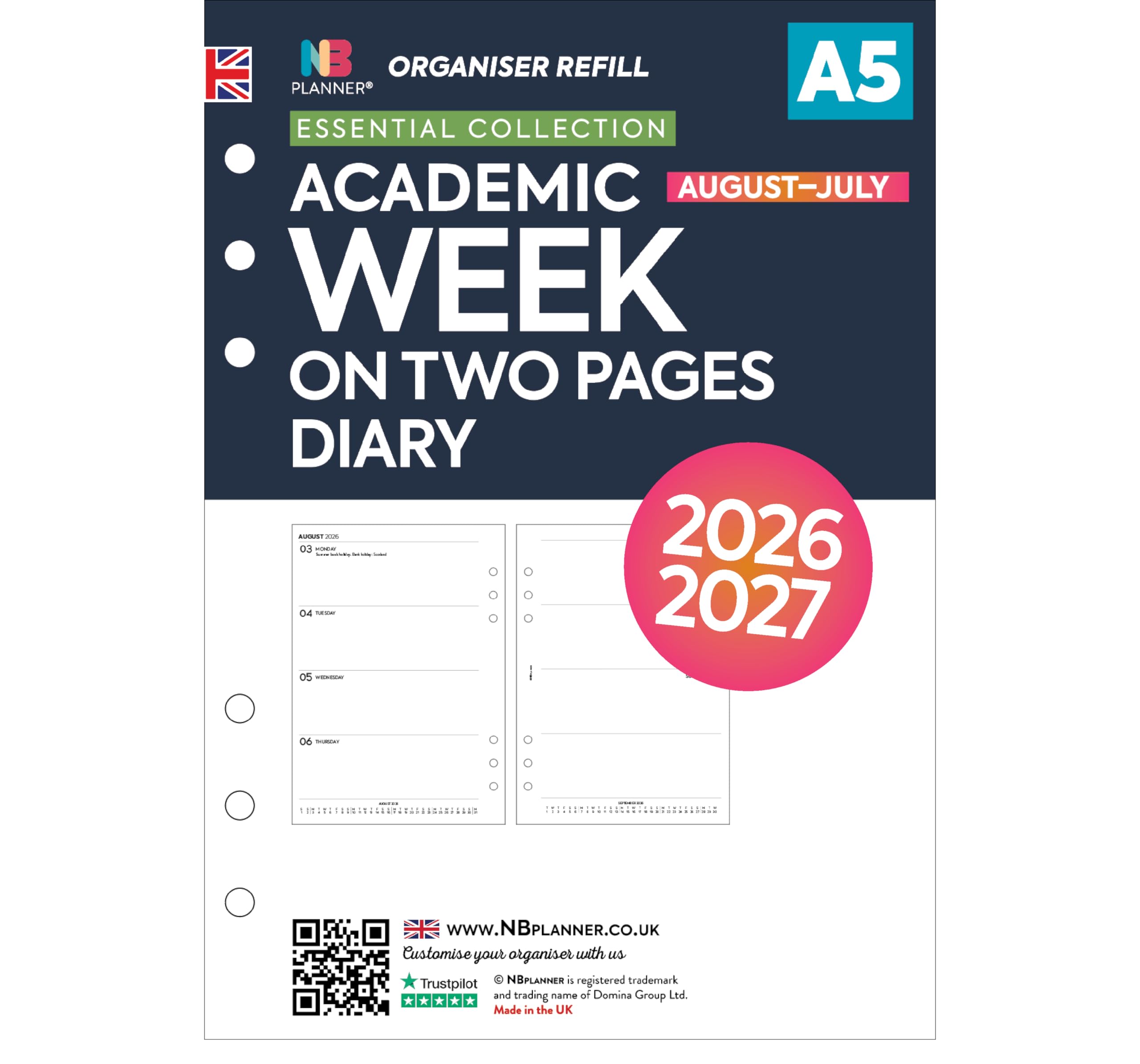 Academic 2026-2027 A5 size week on two pages diary refill insert | August 2026 – July 2027 | Compatible with Filofax A5 size 6-ring organisers | 148 x 210mm