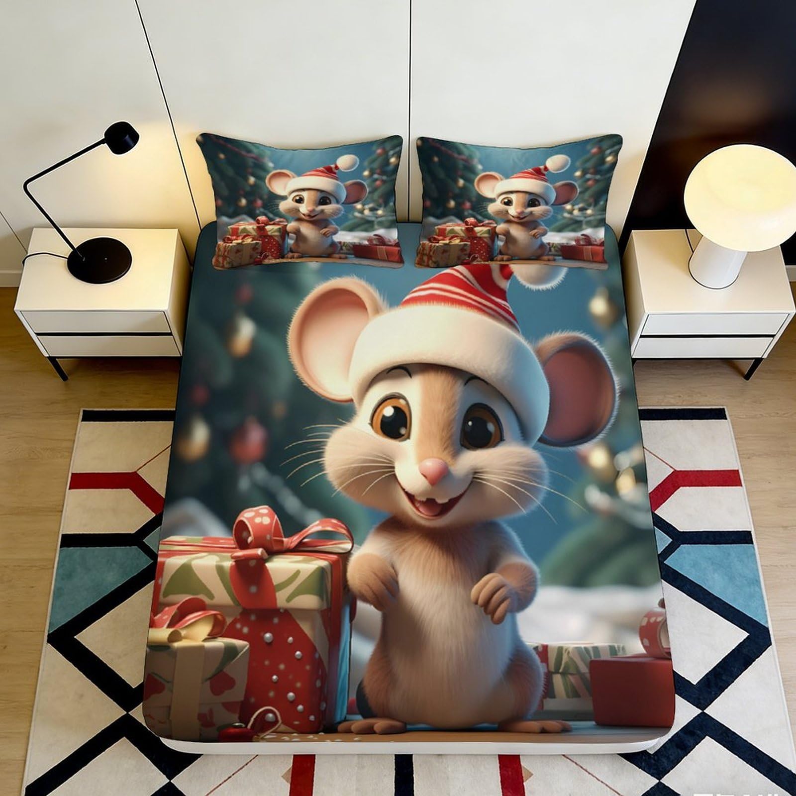 3D Printed Christmas Mouse Fitted Sheet Microfiber Non-Slip Deep Pocket Bedroom Decor Christmas Mouse Mattress Fitted Cover Washable 140x200x25cm
