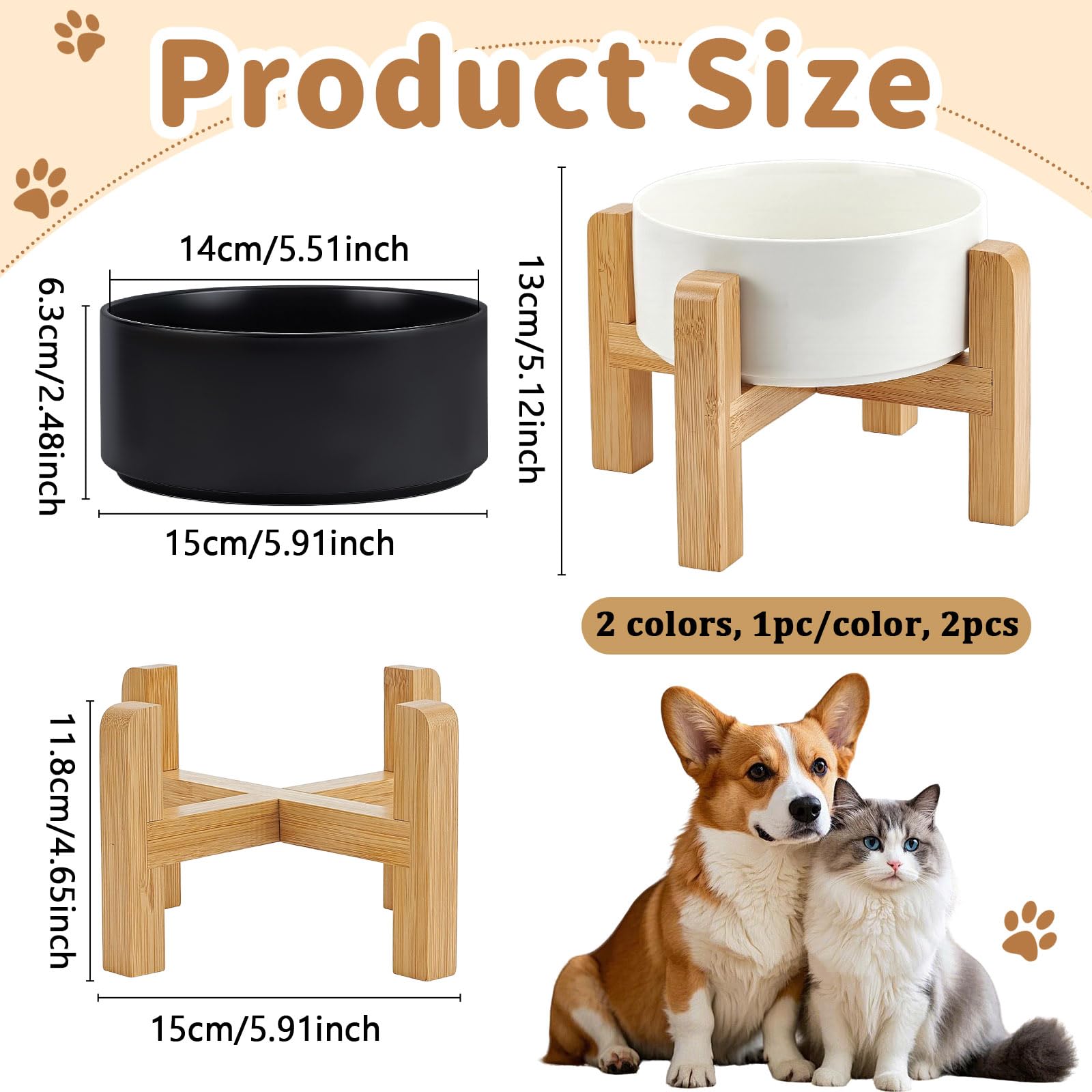 2 gamelle Surélevée en Céramique de 15cm pour Chien Gamelles Surélevées pour Chiens avec Support en Bois Antidérapant Gamelles Robustes pour et Eau aux (Noir et Blanc)