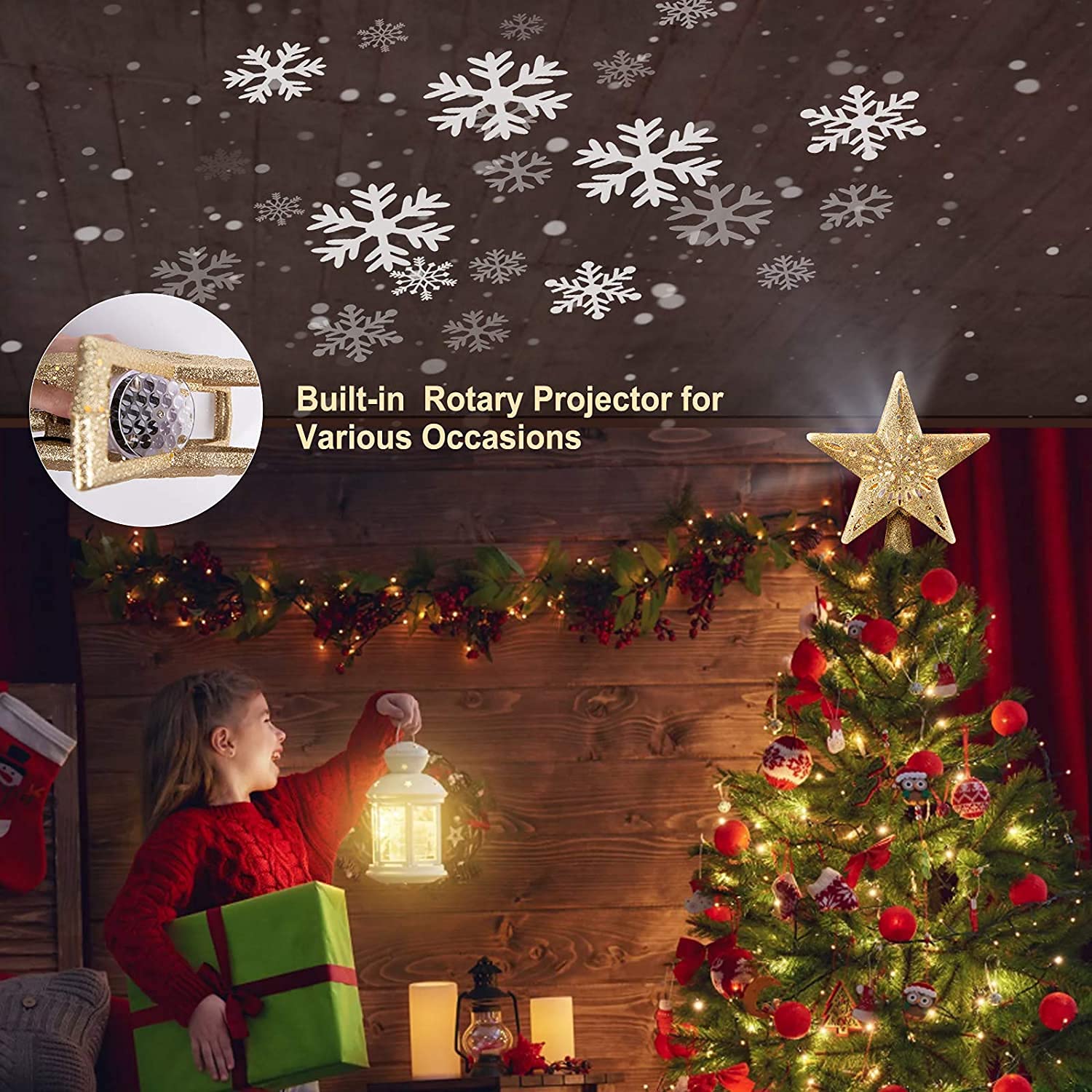 Christmas Star Tree Topper with Builtin Led Snowflake Projector Lights
