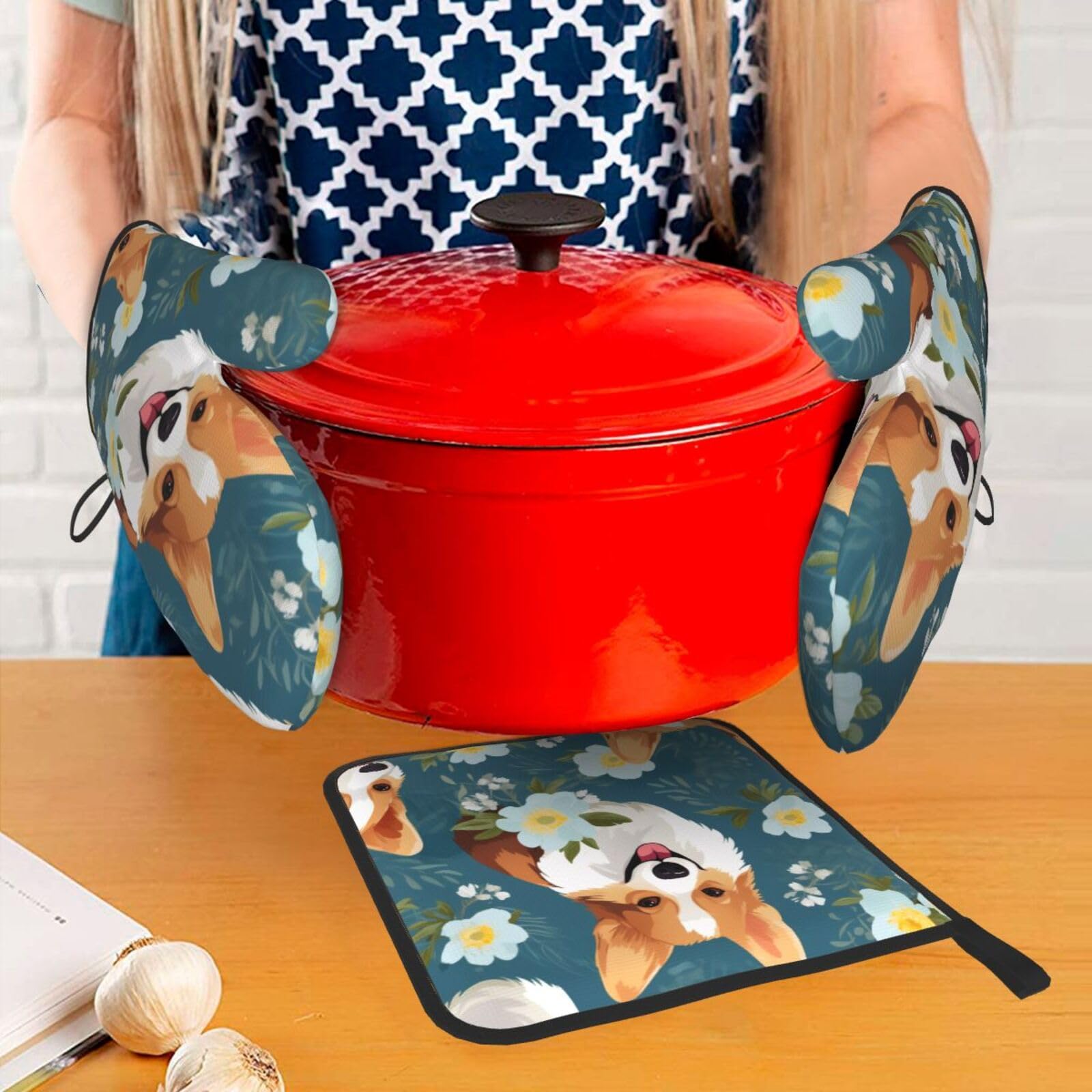 Corgi On Blue Background Ovenwanten en pannenlappen BBQ handschoenen en houders voor koken bakken (3-delige set