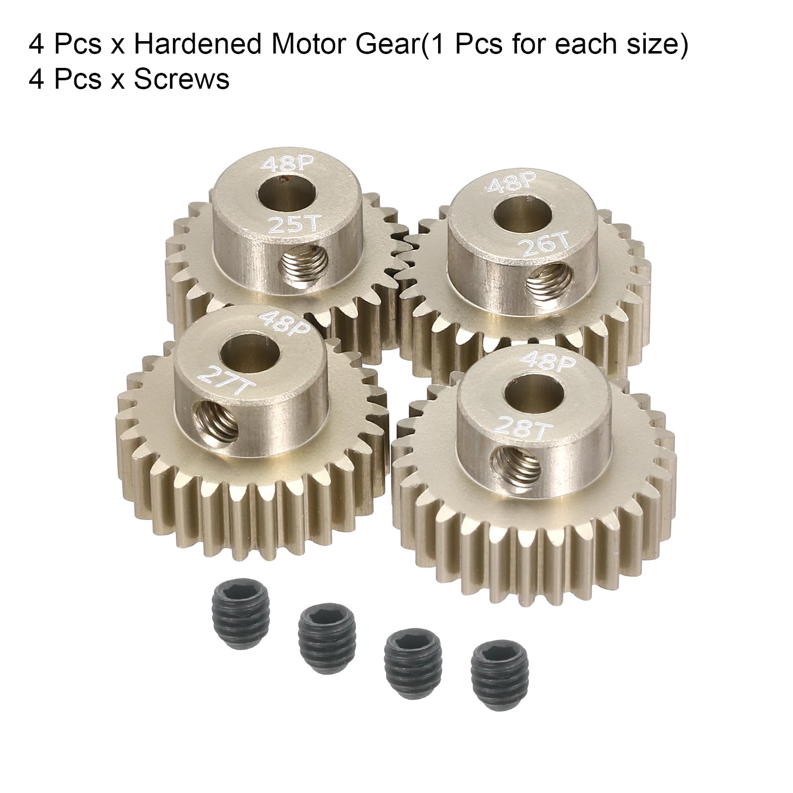 QUARKZMAN 4uds RC 48DP Motor Piñón Engranaje 3.175mm Eje 25T/26/27/28T Endurecido Piñón Engranajes Aluminio para 1/10 1/12 RC Modelo Coche RC Motor