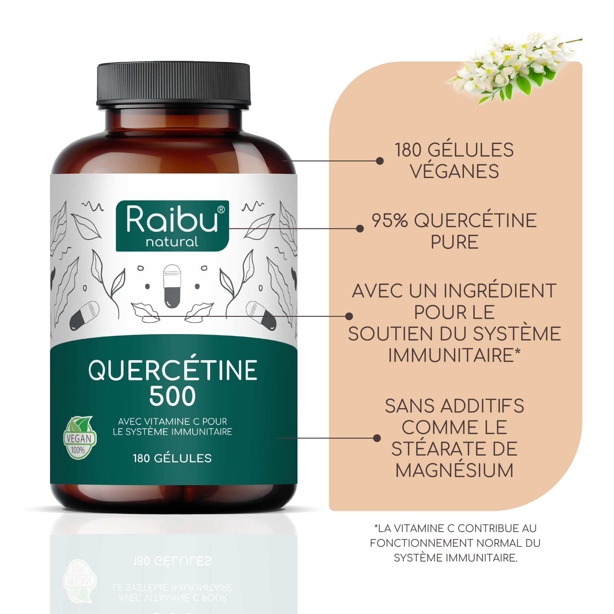 Quercétine, 180 Gélules pour 6 Mois - 500 mg par Gélule, Quercétine issue des Fleurs de Sophora Japonica - Flavonoïdes Haute Biodisponibilité - Testé en laboratoire, Sans Additifs - RAIBU